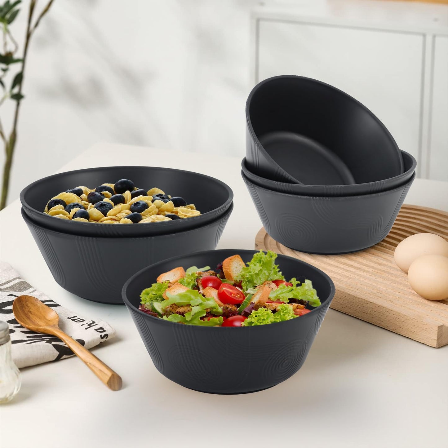 Homienly Cereal Bowl, Large Soup Bowl Set, Wheat Straw Bowl with Textured Design - 36oz Bowl Set, 6 PCS Microwave and Dishwasher Safe Bowls, Bowls for Kitchen, Serving Soup,Ramen,Pho,Salad - Black