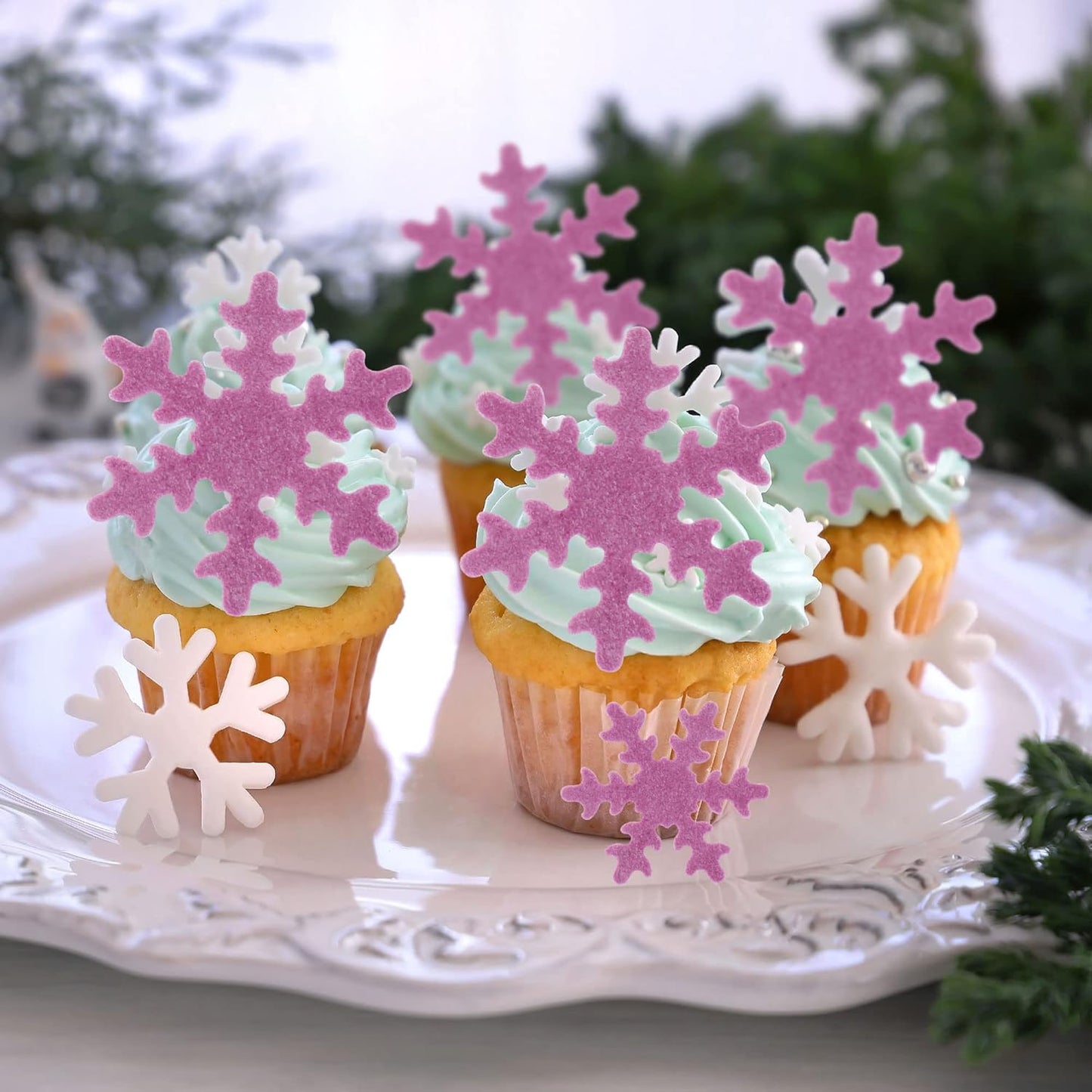 Gyufise 50Pcs Purple Edible Cupcake Toppers Snowflakes Cake Toppers Snowflakes Cake Decoration Winter Frozen Birthday Party Supplies