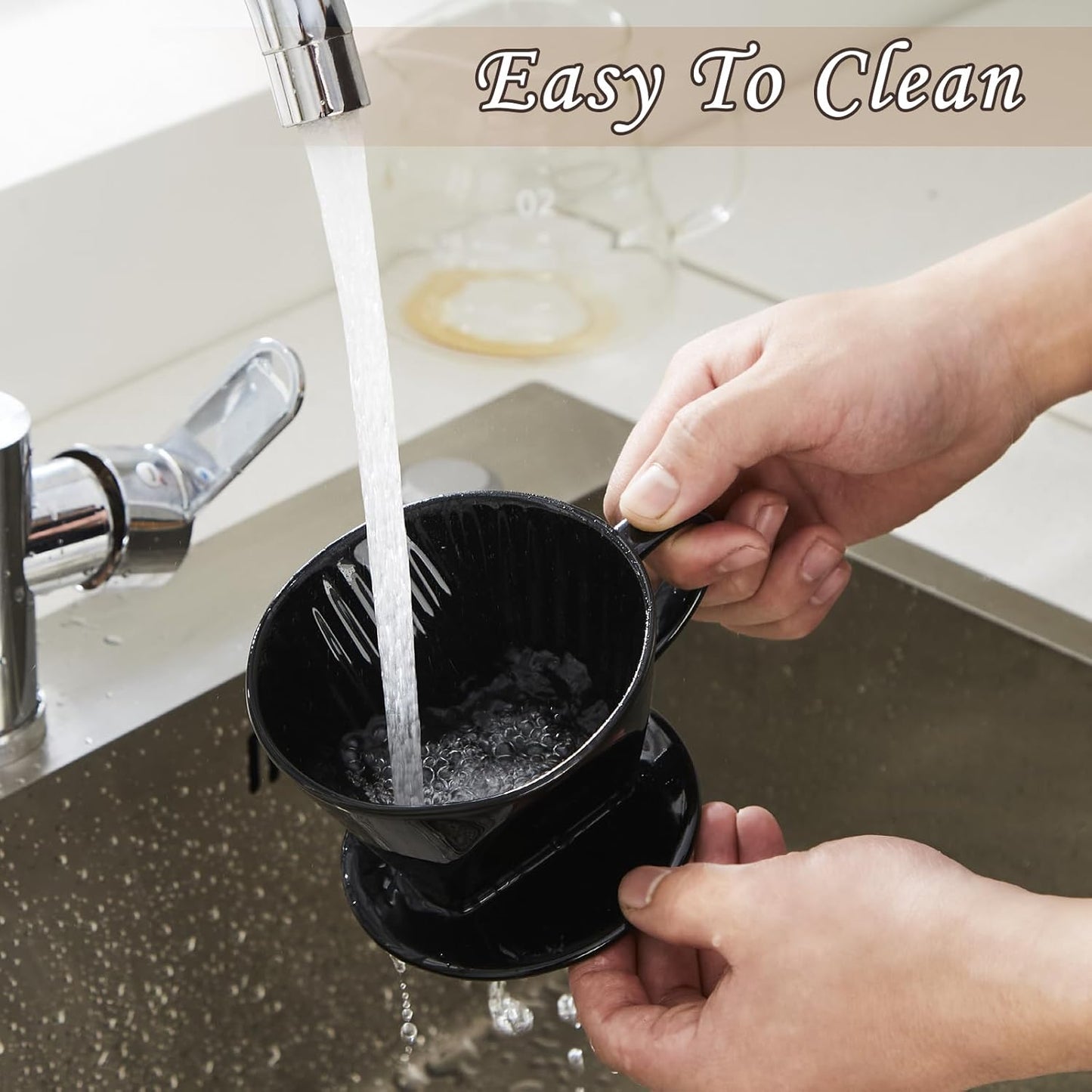 Pour Over Coffee Dripper, Ceramic Pour Over Coffee Maker with 3 Holes Flat Bottom, Easy Manual Slow Brewing, Porcelain Slow Filter Cone for Home, Office, Gift, Size 2, Black