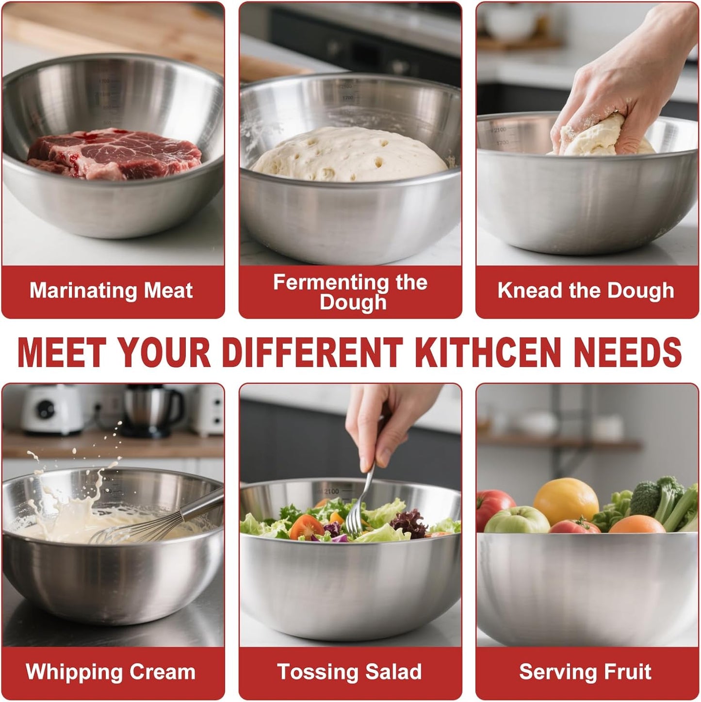 3-Piece Stainless Steel Mixing Bowls Set (6.69" 7.48" 8.27" inch) - Food Grade 304 with Measurement Marks, Dishwasher Safe & Stackable - Perfect for Baking, Salad Making, Meal Prep and Kitchen Use