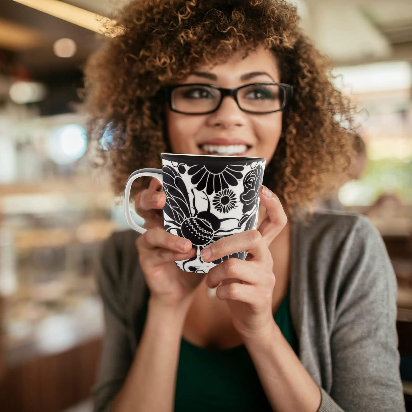 Karma Gifts 16 oz Black and White Boho Mug Bee - Cute Coffee and Tea Mug - Ceramic Coffee Mugs for Women and Men, 1 Count (Pack of 1)