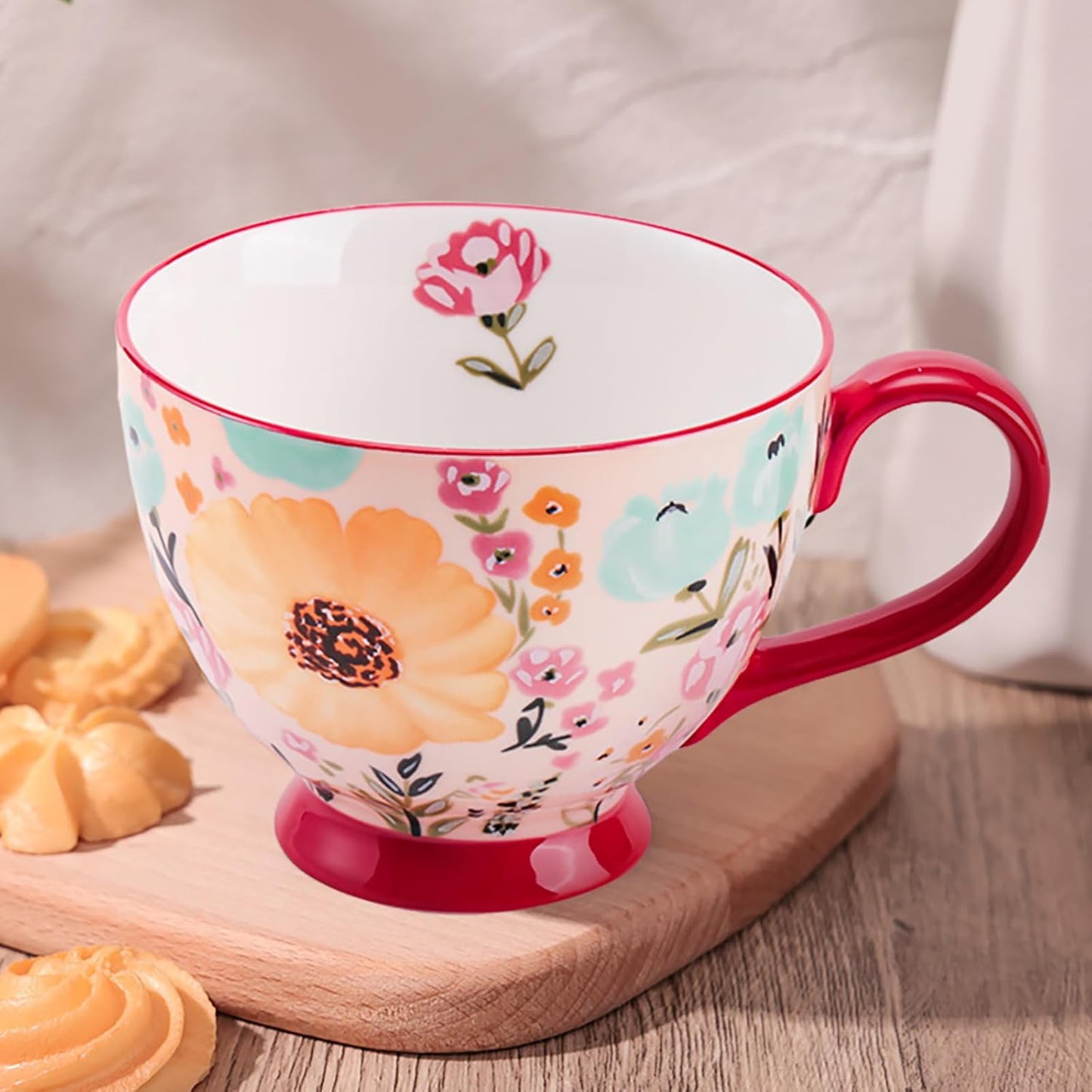 Vintage Flower Mugs β Large Ceramic Coffee Mug (15oz) β Cute Cereal Cup for Breakfast, Oatmeal Tea & Hot Drinks β Handmade Ceramic Cup with Floral Design