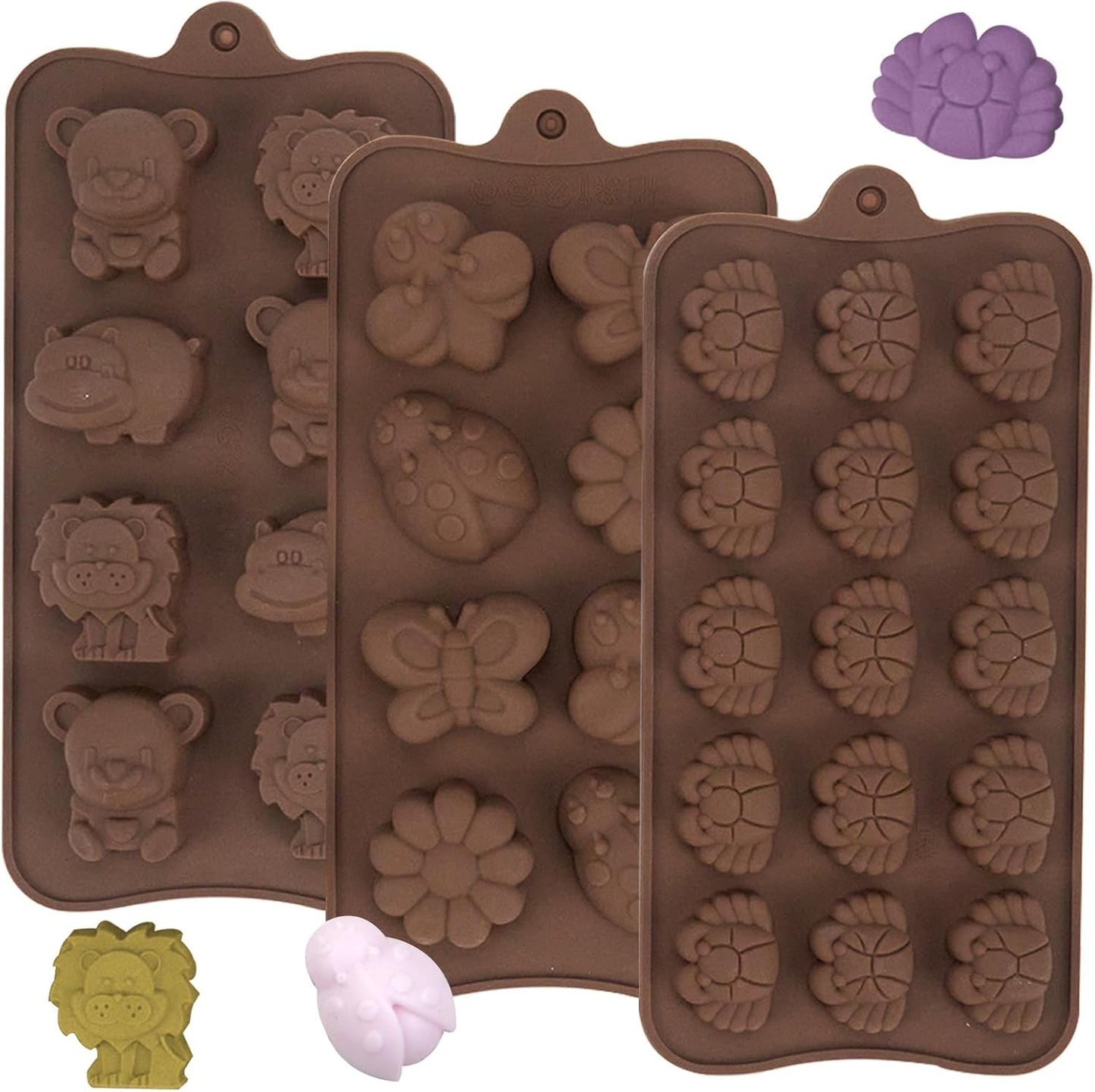 3 Pcs Non-Stick Brown Animal Themed Chocolate and Fondant Silicone Baking Molds with Wax Melt Function
