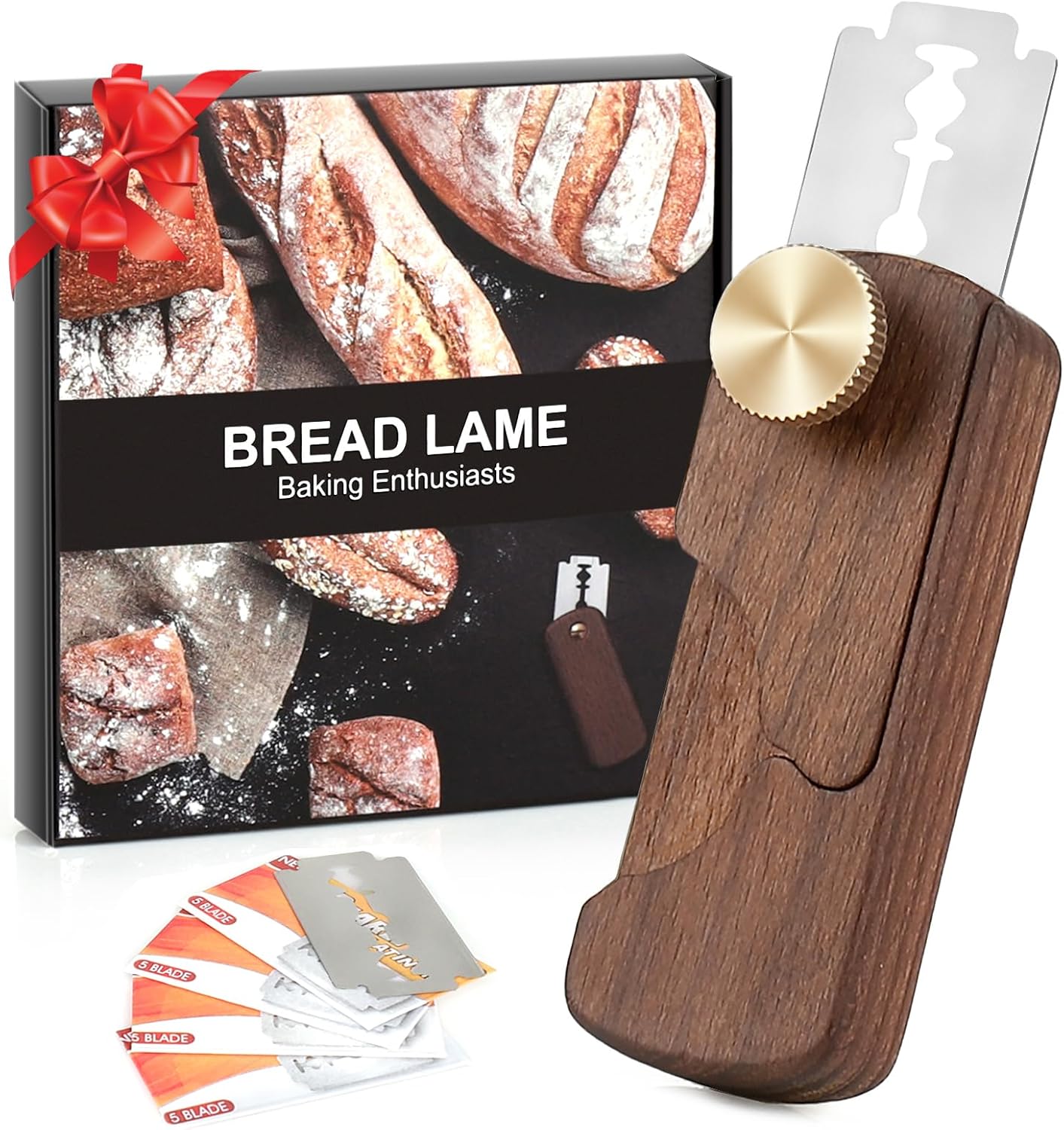Magnetic Wooden Bread Lame Dough Scoring Tool,Hand Crafted Sourdough Lame Scoring Tool,Bread Scorer Tool for Homemade Bread Baking,Dough Scoring Bread Knife with 5 Razor Blades