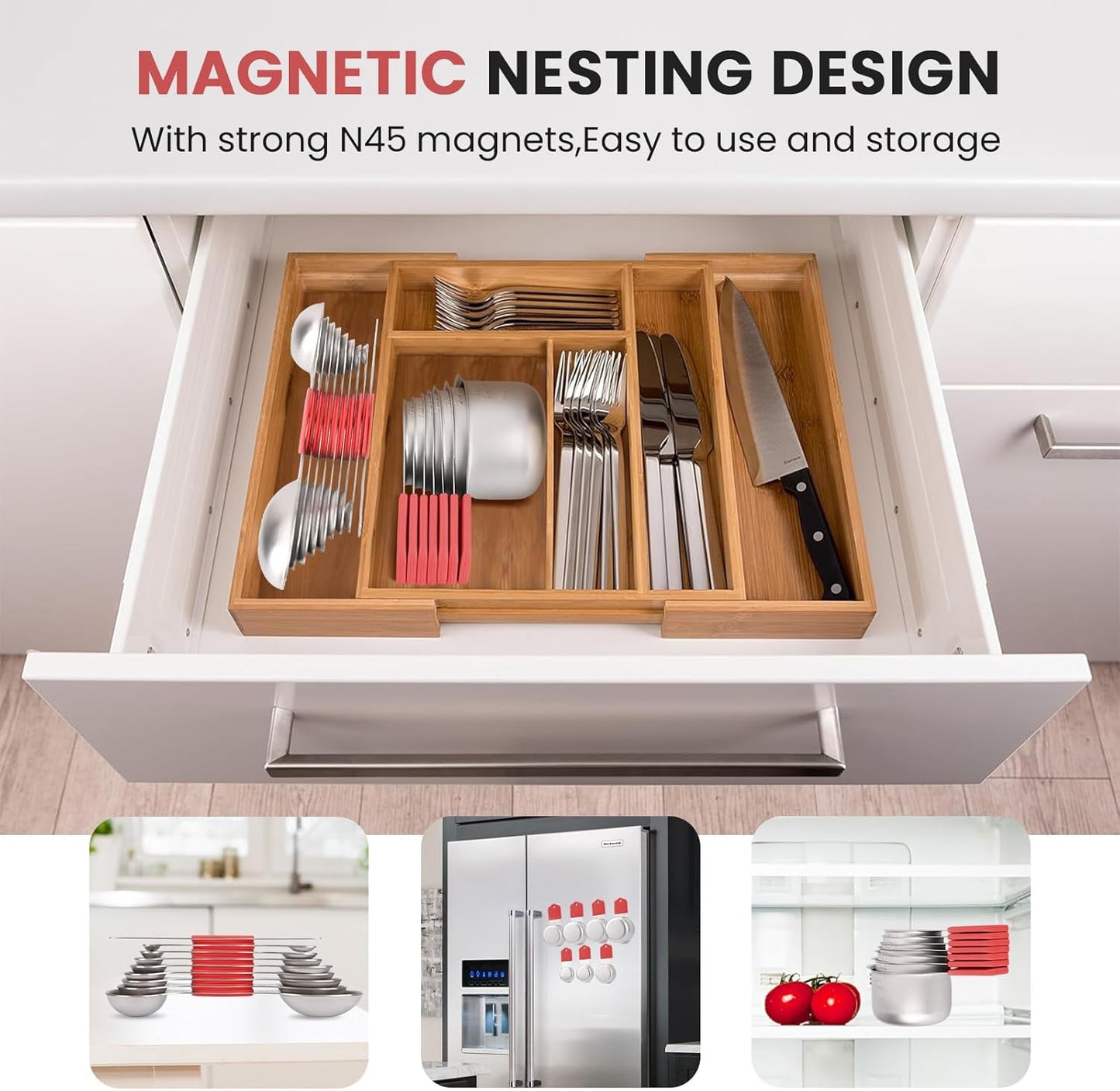 Magnetic Measuring Cups and Spoons Set-Heavy Duty 304 Stainless Steel,Double Measurement Markings,Set of 16 with Leveler for Measure Dry and Liquid Ingredients (Red)