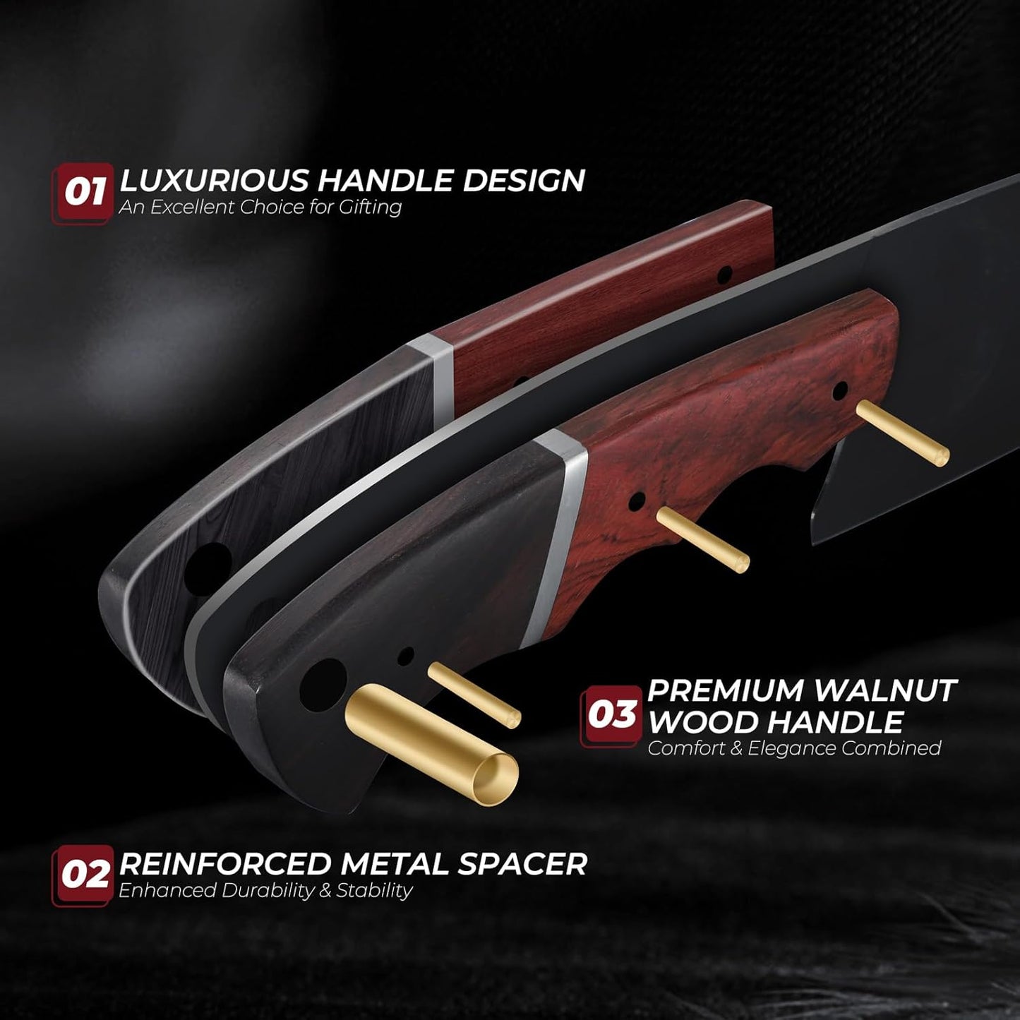 Japanese Chef Knife Set - 3 PCS Kitchen Utility Knife Sets for Cooking, Meat Cleaver Knives Set with Full Tang Wooden Handle, Gift for Birthday