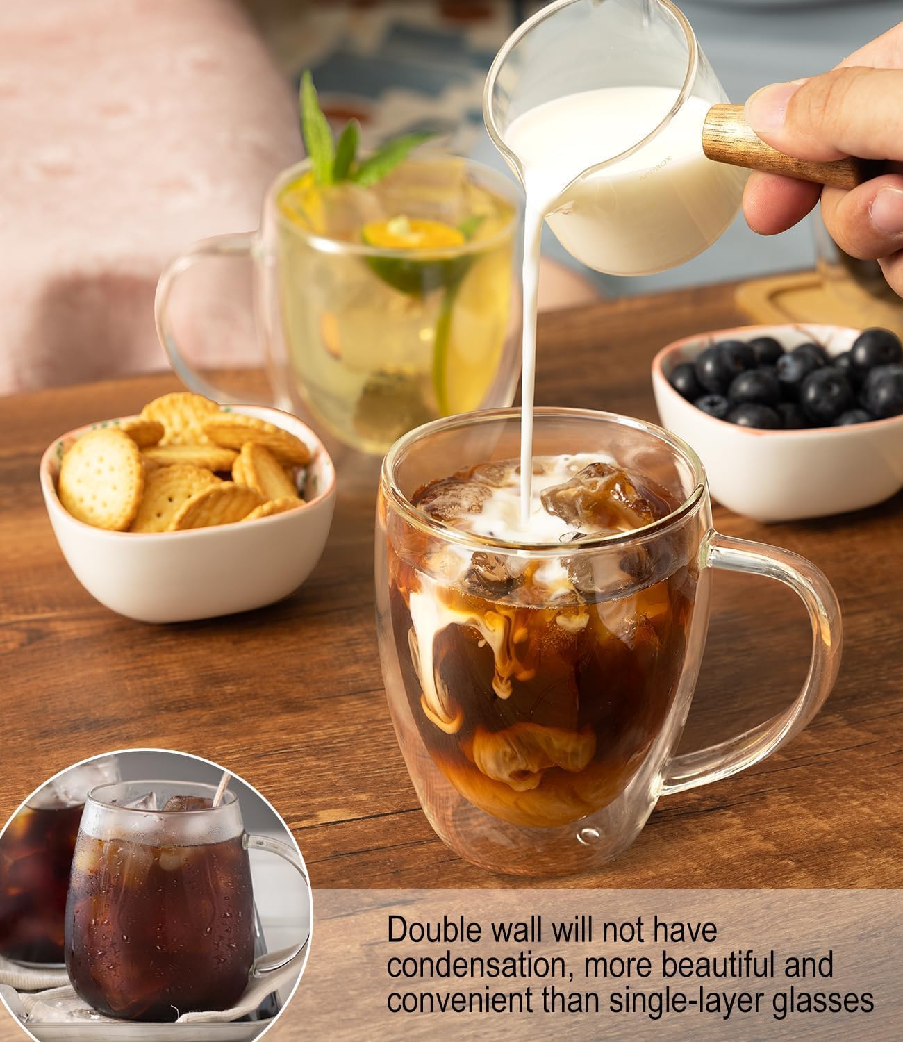 OJA Double Wall Glass Coffee Mugs Set of 2, 13oz Clear Glass Mugs, Insulated Coffee Cups, with coaster, Perfect for Espresso, Latte, Cappuccino, American, Tea Bag, Beverage
