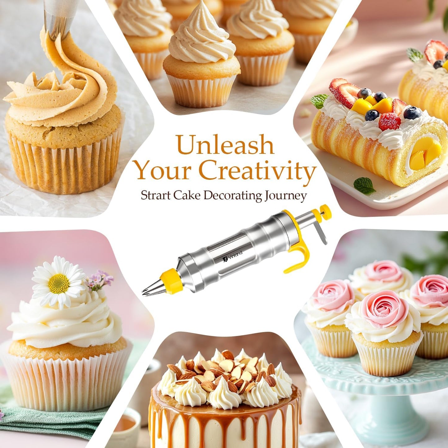 Dessert Decorating Syringe Set Icing Piping Kit Frosting Piping Kit Stainless Steels Cake Decorating Kit with 10 food grade stainless steel piping tips & 50 Disposable Piping Bags Yellow