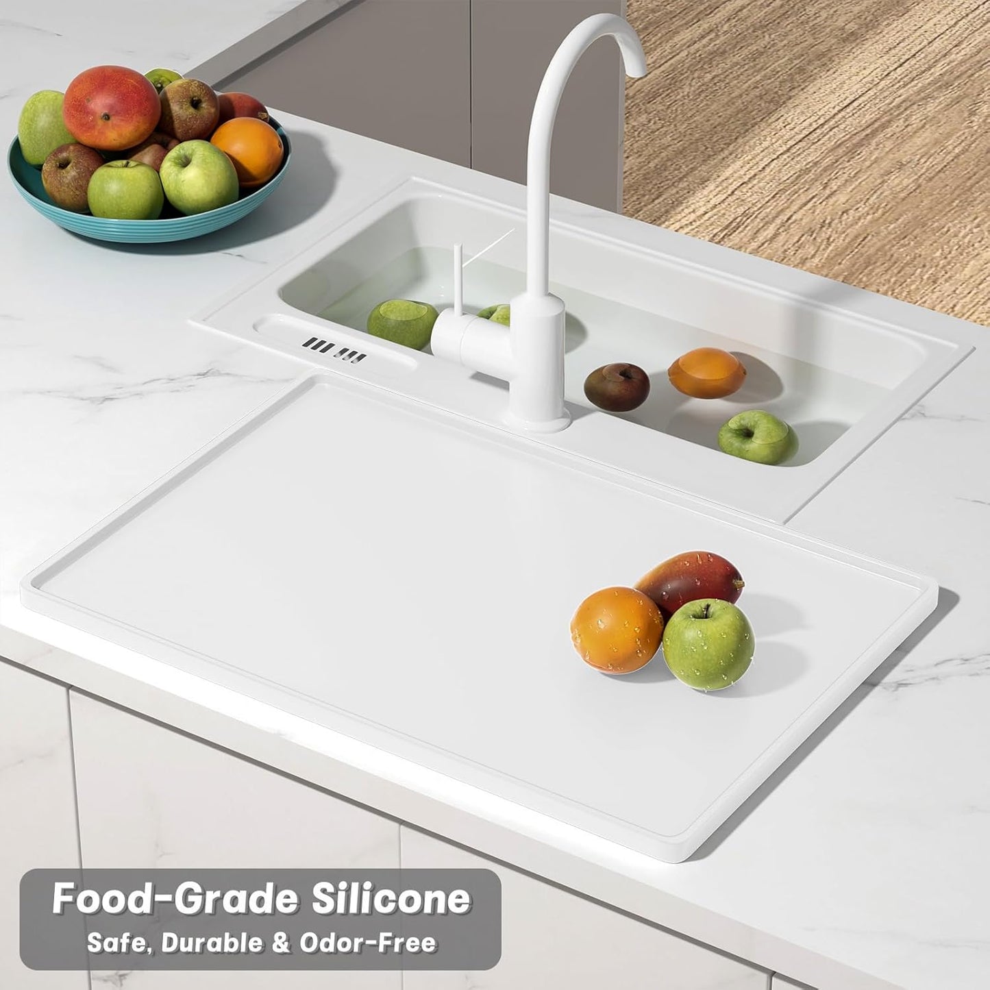 Rnivvi Silicone Coffee Mat, 16" x 24" Waterproof Raised Edge Coffee Bar Mats for Espresso Machine Station Accessories, Heat Resistant Dish Drying Pad for Kitchen Counter, Rubber Bar Decor Pad, White