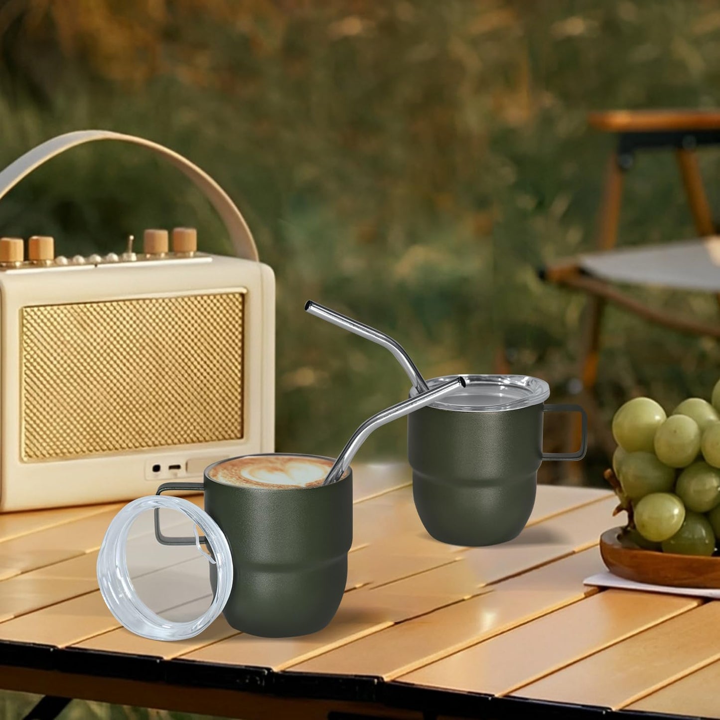 4oz Stackable Cup, Vacuum Insulated Espresso Cup Set of 2, Espresso Shot Mug for Coffee, Double Wall Stainless Steel Mini Tumbler Shot Glasses with Straw and Lid