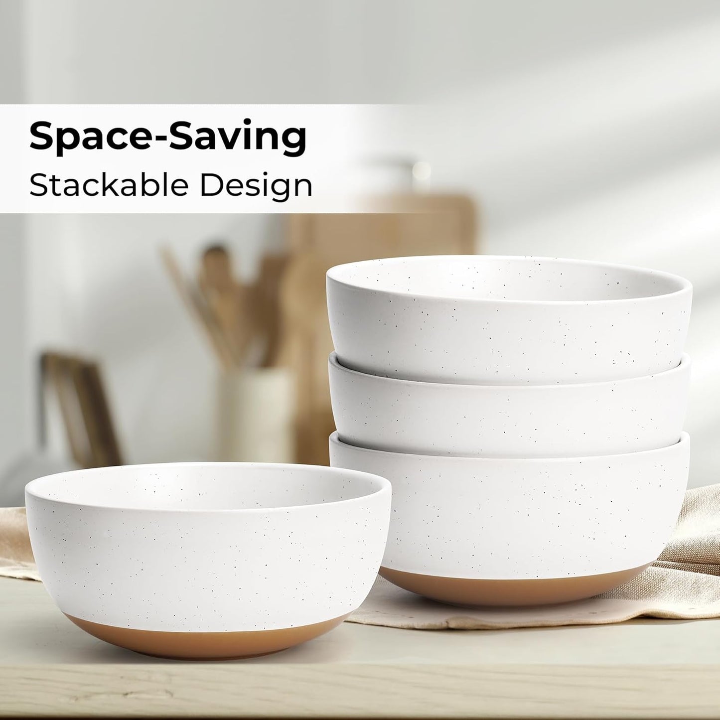 MIAMIO β Set of 4, 28 Ounce Ceramic Soup Bowls/Cereal Bowl Set for Salad, Oatmeal, Fruit, Rice β Dishwasher & Microwave Safe β Aura Collection (Creamy Cocoa, Bowls (4x))