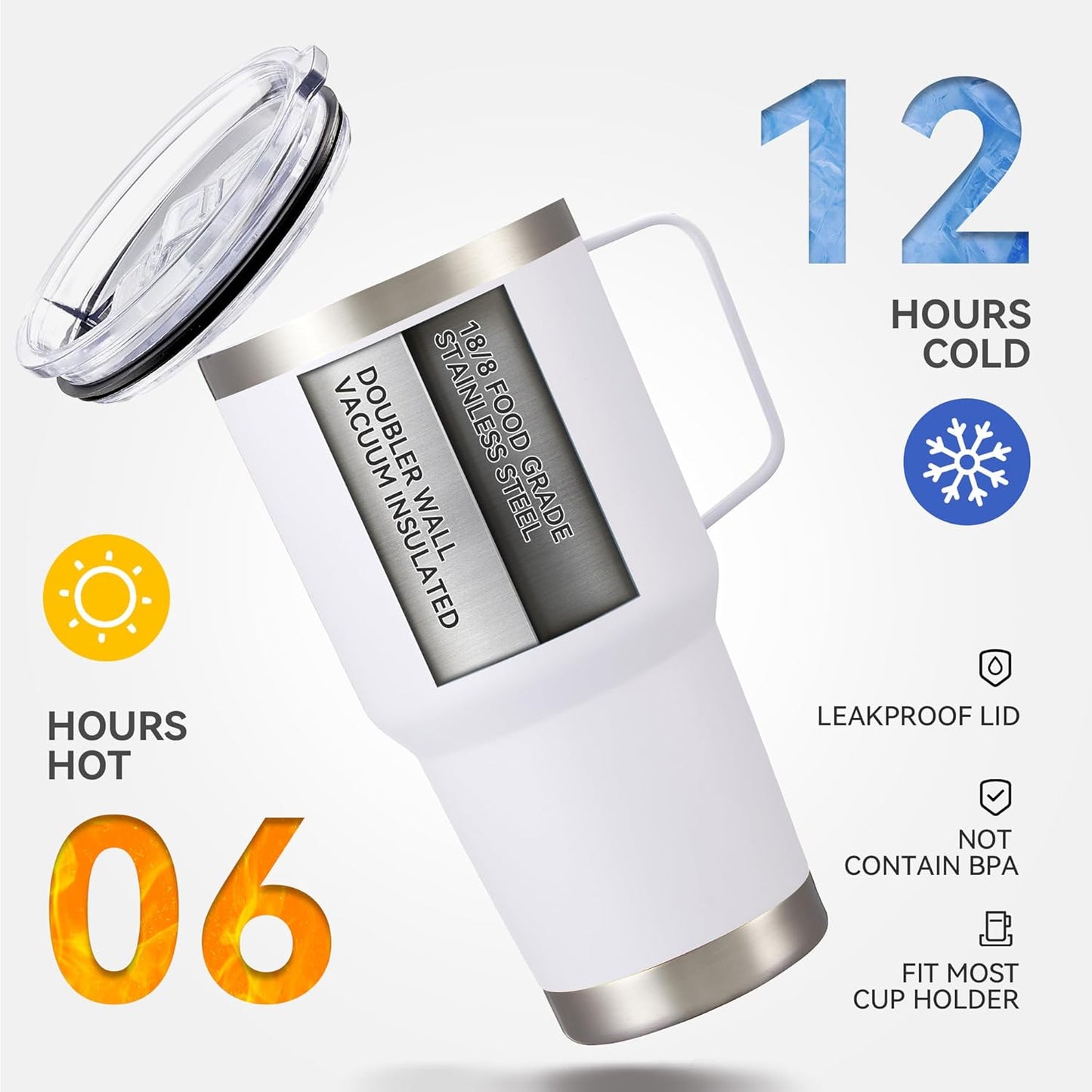 30 oz Tumbler with Handle and Lid, Stainless Steel Tumblers Bulk Double Wall Vacuum Insulated Travel Mug Leak Proof Cup Keep Drinks Cold and Hot White, 12 Pack