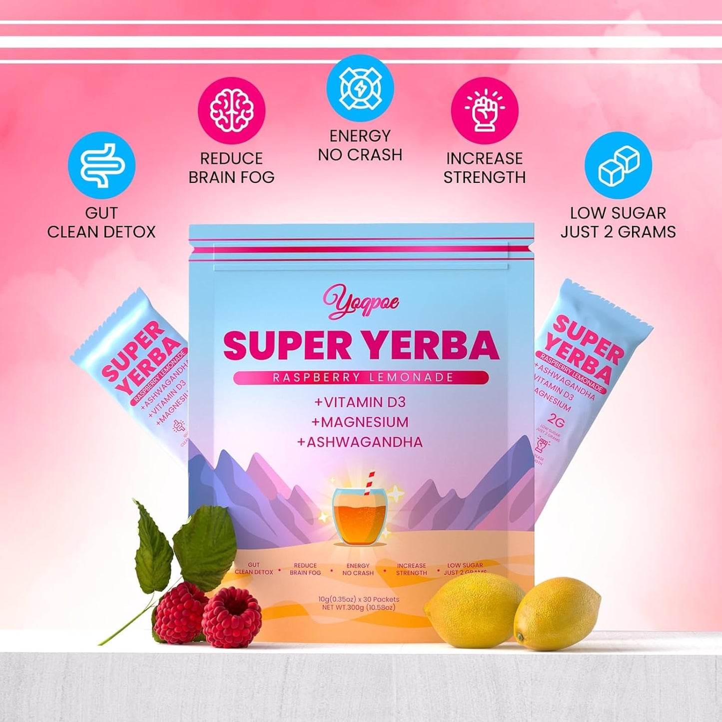30 Servings Super Yerba Packets,Yerba Mate Instant Tea Powder,Super Yerba Raspberry Lemonade Flavor,Energy Boost,Mental Clarity and Gut Health by Ashwagandha, Prebiotics and Probiotics (2)