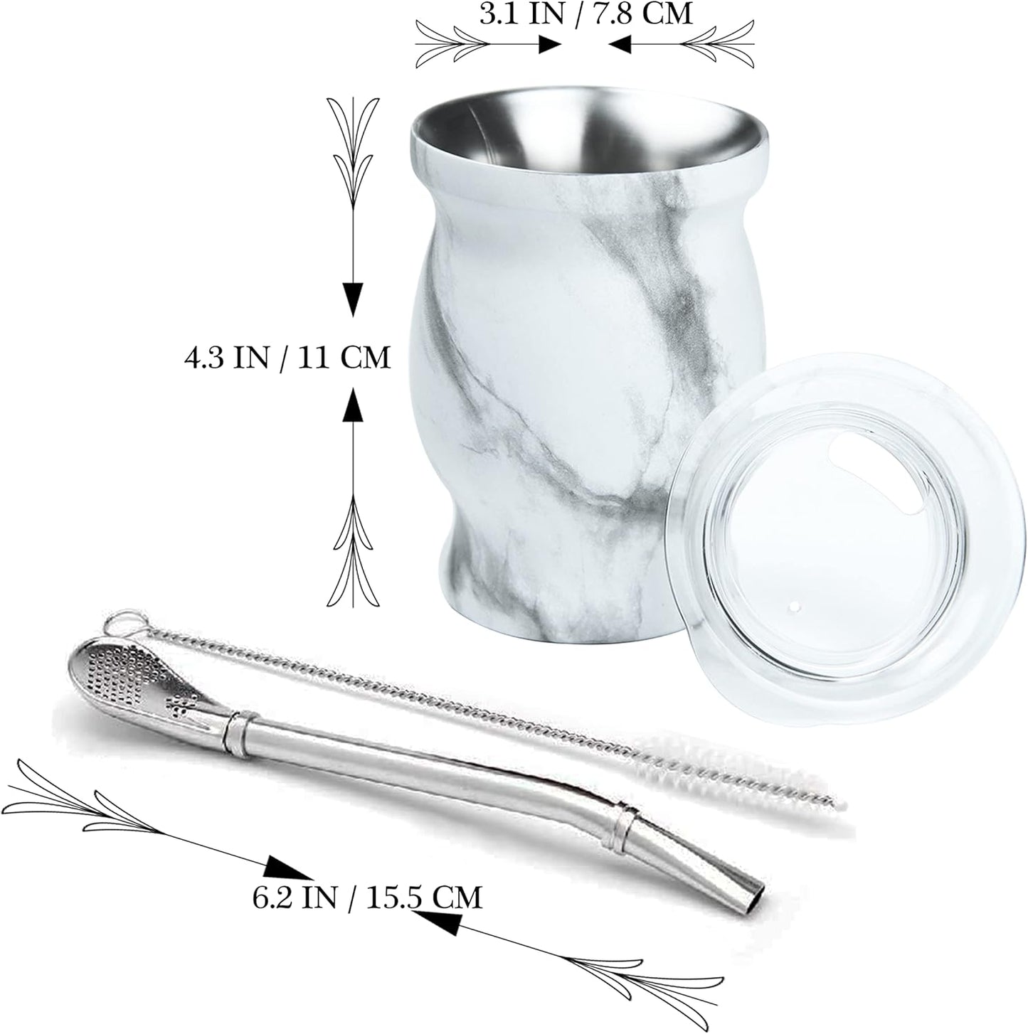 LA FEE Yerba Mate Natural Gourd/Tea Cup Set Brown (Original Traditional Mate Cup - 8 Ounces),Includes Yerba Mate Straw & Cleaning Brush,Stainless Steel | Double-Walled | Easy to Clean (White)