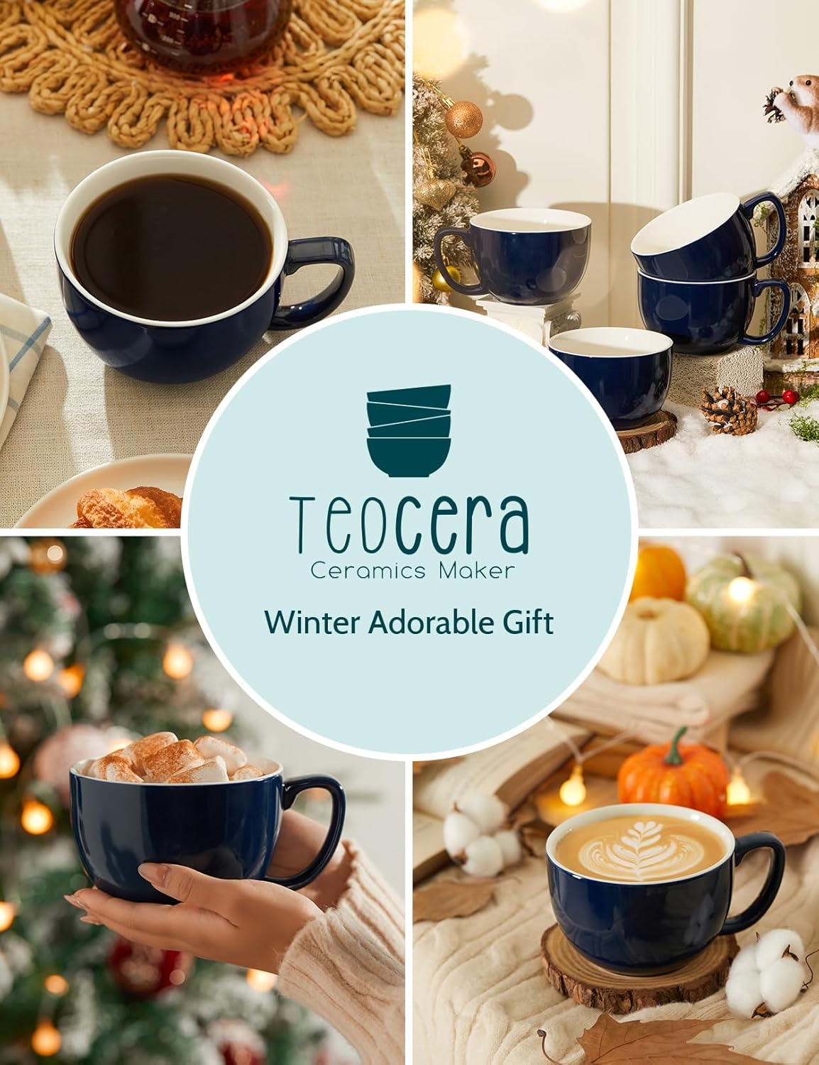 Teocera 16oz Large Coffee Mugs Set of 4 - Thick White Porcelain Cups for Cappuccino, Latte, Tea & Hot Chocolate - Dishwasher Safe Ceramic with Comfort Grip Handles(Navy