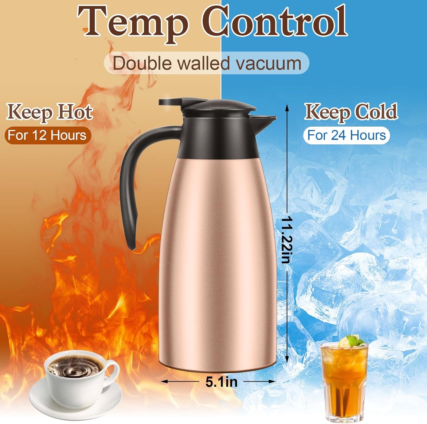 1 PCS 68 OZ Thermal Coffee Carafe, Insulated Stainless Steel Coffee Carafe Double Walled Vacuum Thermal Pot Flask with Brushes Thermos for Keeping Hot Coffee Tea Home and Office (Gold)