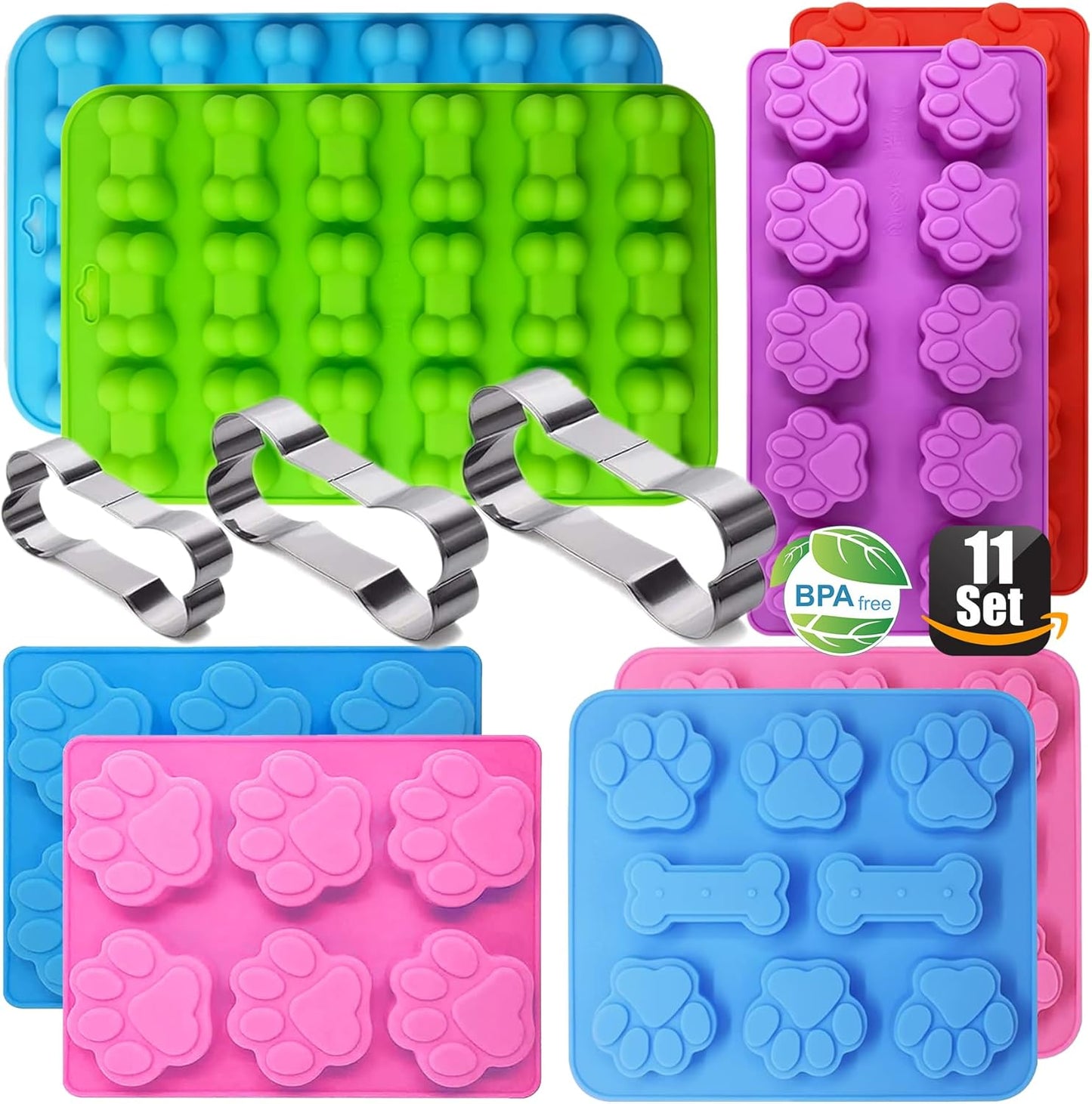 Dog Treat Molds, Dog Paw and Bone Shaped Silicone Molds,3 Packs Stainless Steel Cookie Cutter,for Chocolate, Candy, Jelly, Ice Cube, Dog Treats - Set of 11