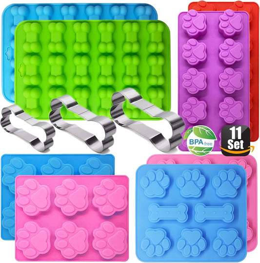 Dog Treat Molds, Dog Paw and Bone Shaped Silicone Molds,3 Packs Stainless Steel Cookie Cutter,for Chocolate, Candy, Jelly, Ice Cube, Dog Treats - Set of 11