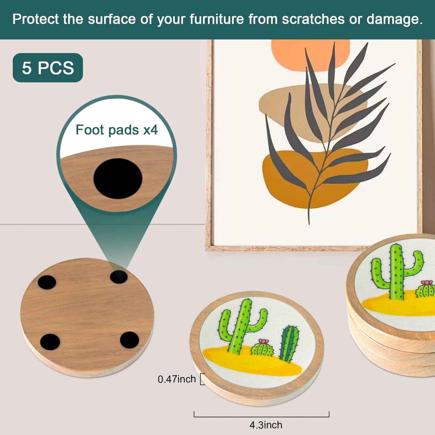 Cactus Coasters for Drinks, Minacun Absorbent Coaster Set of 5, Funny Coasters for Coffee Tabletop Protection, Unique Gift for Home, Office, Bar Decor, 4.3 Inches