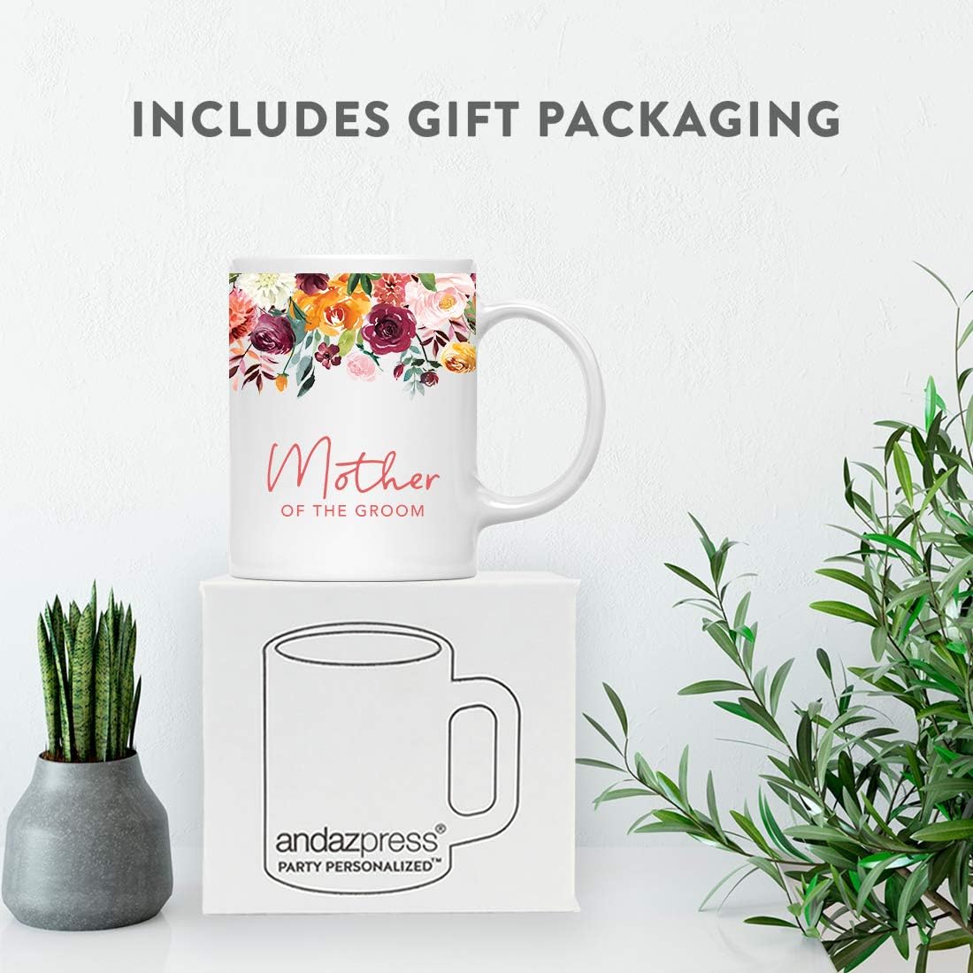 Andaz Press 11oz. Wedding Ceramic Coffee Tea Mug Gift, Fall Autumn Burgundy Orange Peach Flowers Roses Florals, Mother of the Groom, 1-Pack, Includes Gift Box