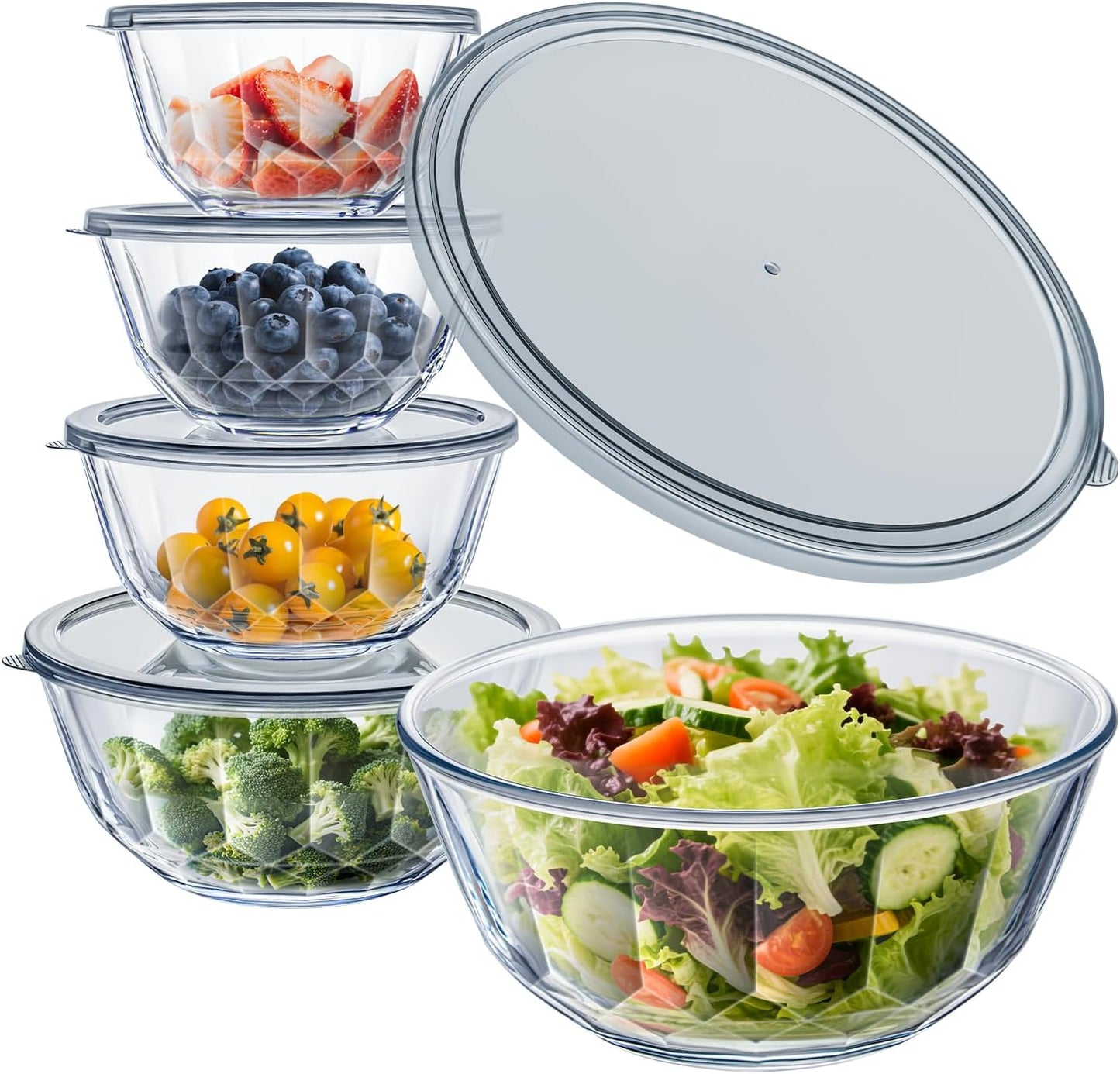 WhiteRhino Glass Mixing Bowls with Lids Set of 5(4.70QT,2.85QT, 1.69QT,1.11QT,0.85QT,Glass Bowls with Lids,Large Salad Bowls Space-Saving Nesting for Cooking,Baking,Prepping,Dishwasher Safe