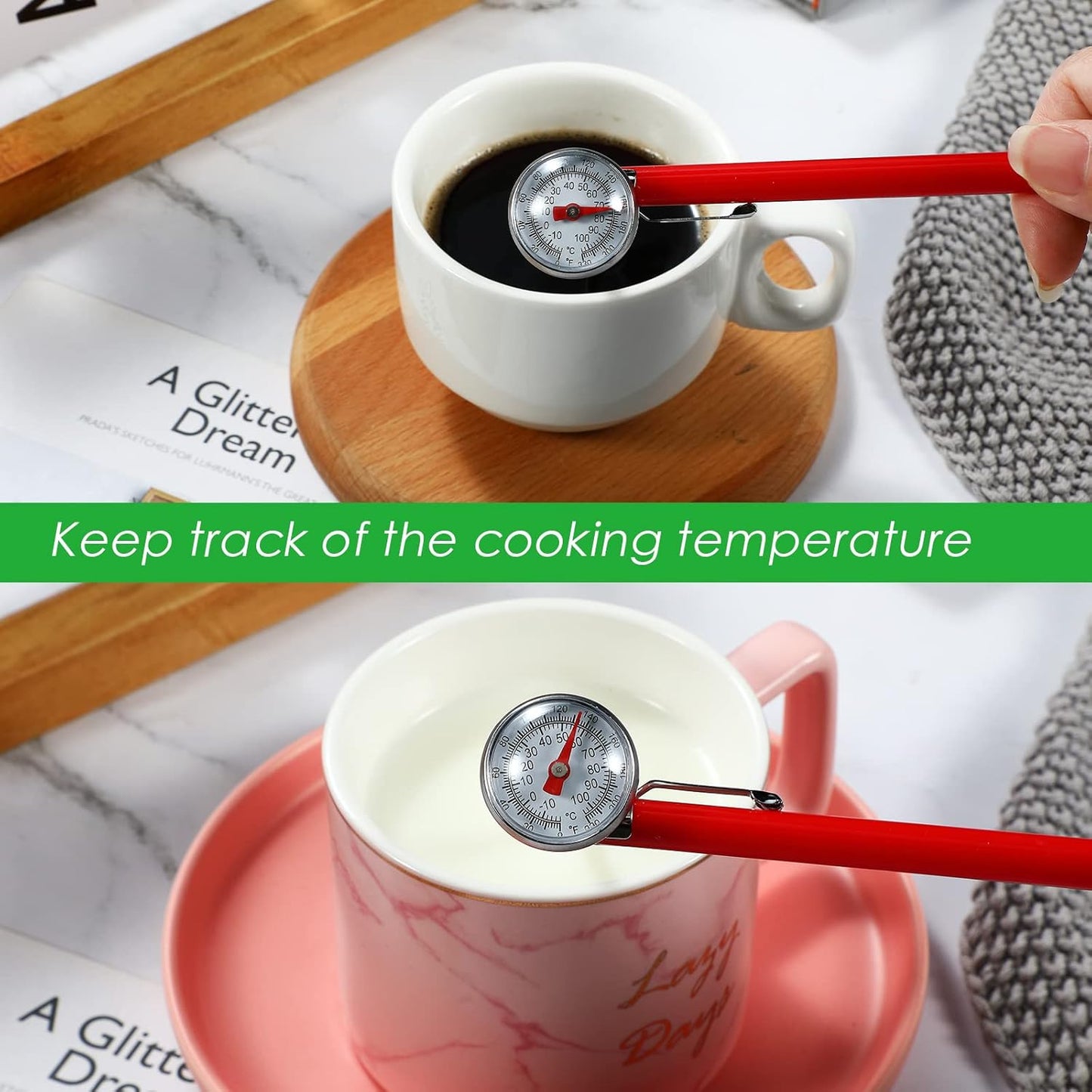 Xuhal 1 Pcs Stainless Steel Kitchen Thermometer with 5 Inch Long Stem 1 Inch Dial Thermometer Milk Frothing Food for Oven Probe Meat Grill BBQ Cooking Chocolate Water (Red)
