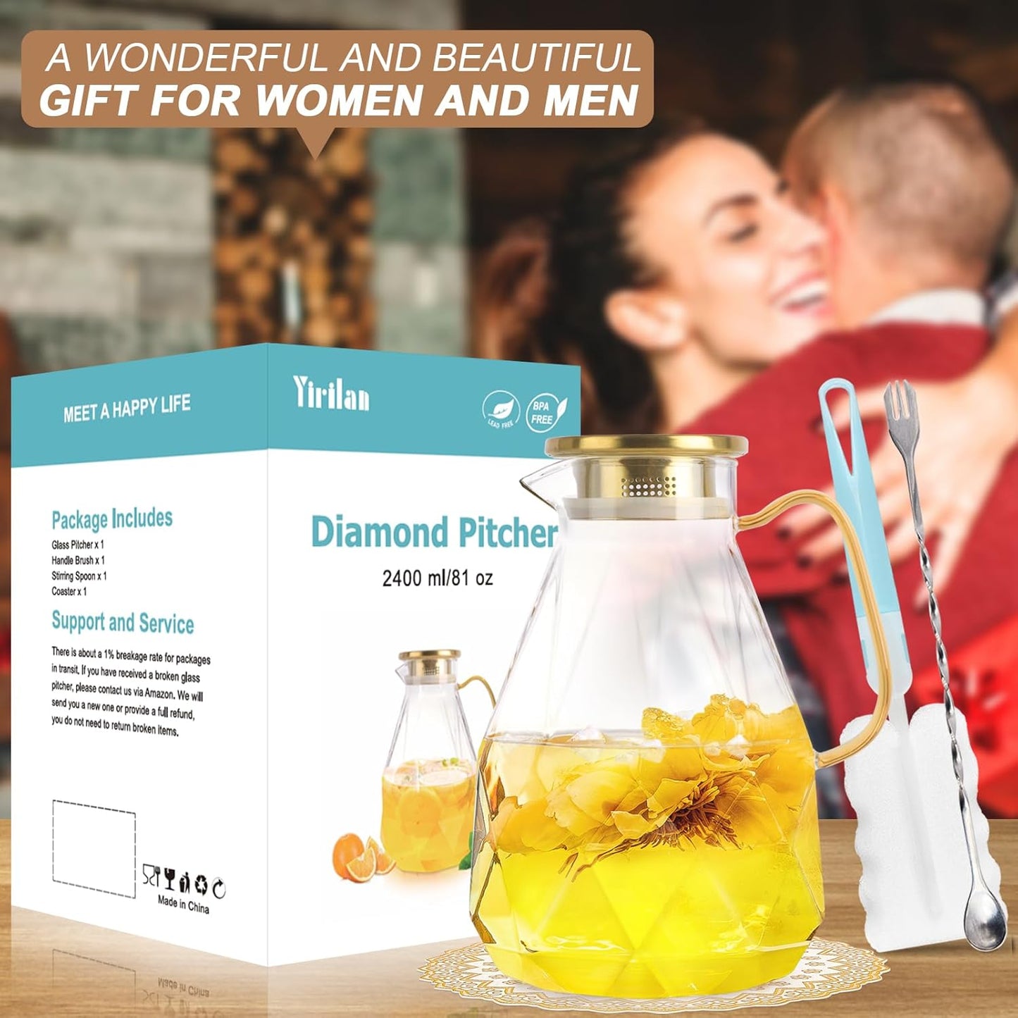 Yirilan Glass Pitcher, 2.4Liter Water Pitcher With Lid, Iced Tea Pitcher for Fridge, Glass Water Carafe With Lid, Glass Water Jug, Large Drink Pitcher For Juice, Milk, Cold Or Hot Beverages, 2400ML