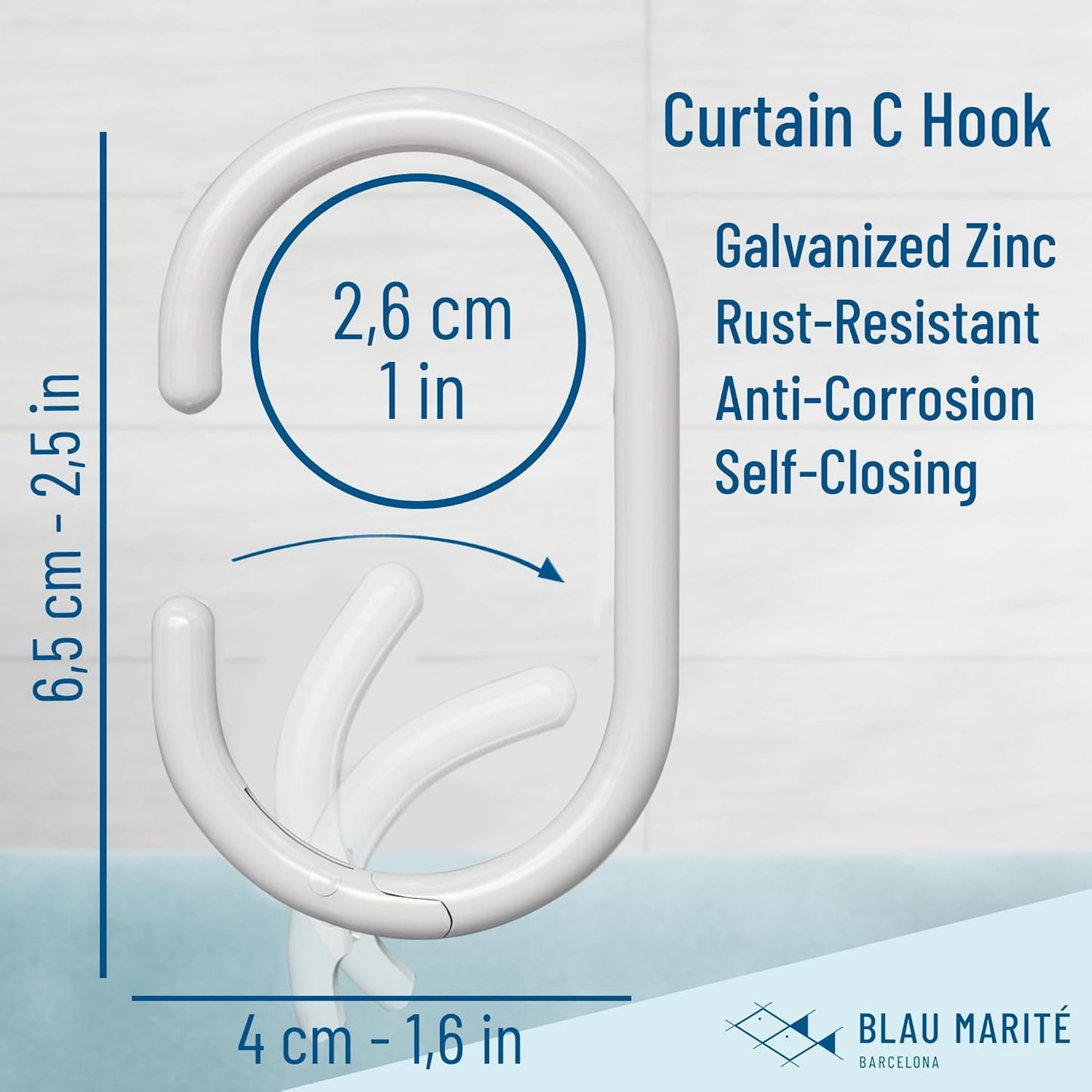 12 Metal Shower Curtain Hooks, Rust-Proof Decorative C-Shaped Curtain Hooks for Bathroom, White Shower Curtain Rings, Fits Rods Up to 1 Inch (C, White)