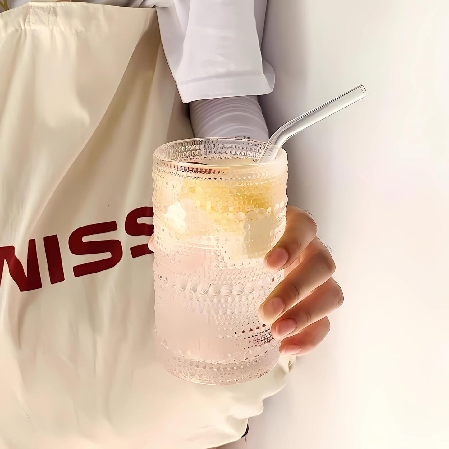 4 Pcs Iced Coffee Glasses Cups with Glass Lids and Straws,12 oz Thick Emboss Beaded Drinking Glass Cup Set,Latte Glasses,Ideal for Water,Soda,Gift - with Cleaning Brushe