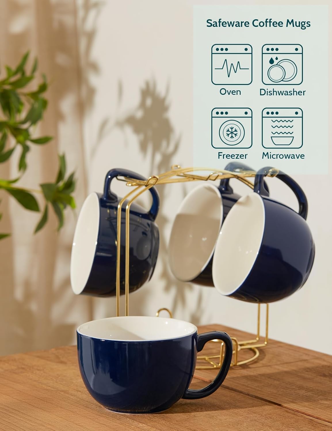 Teocera 16oz Large Coffee Mugs Set of 4 - Thick White Porcelain Cups for Cappuccino, Latte, Tea & Hot Chocolate - Dishwasher Safe Ceramic with Comfort Grip Handles(Navy