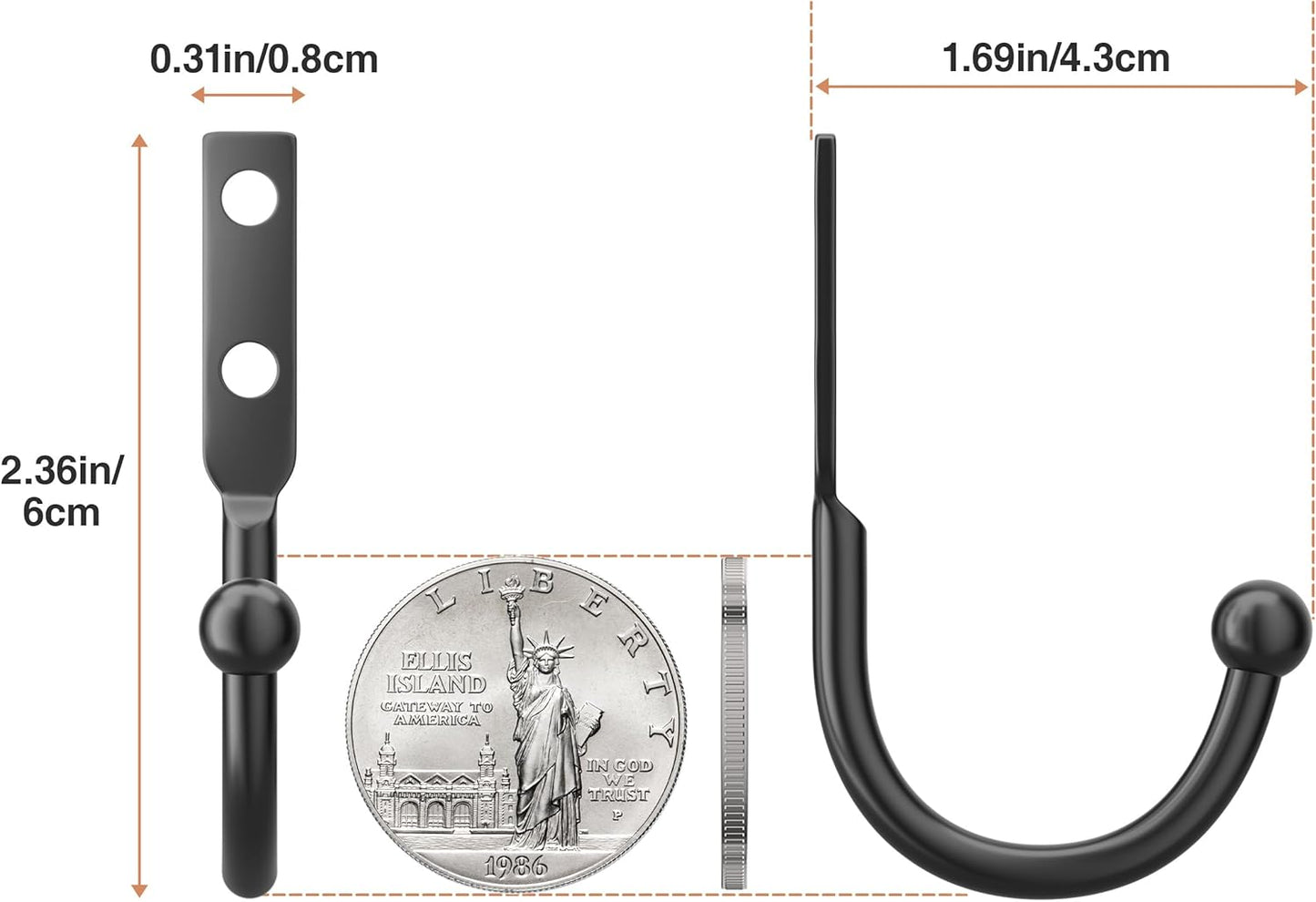 10 Pack Wall Hooks,Metal Hooks Hold up to 45 Lbs,Hooks Wall Mount for Hanging Towel/Coat/Bag/Keys/Cups,Ideal for Bathroom,Outdoor,Closet,Kitchen,Garage,Black