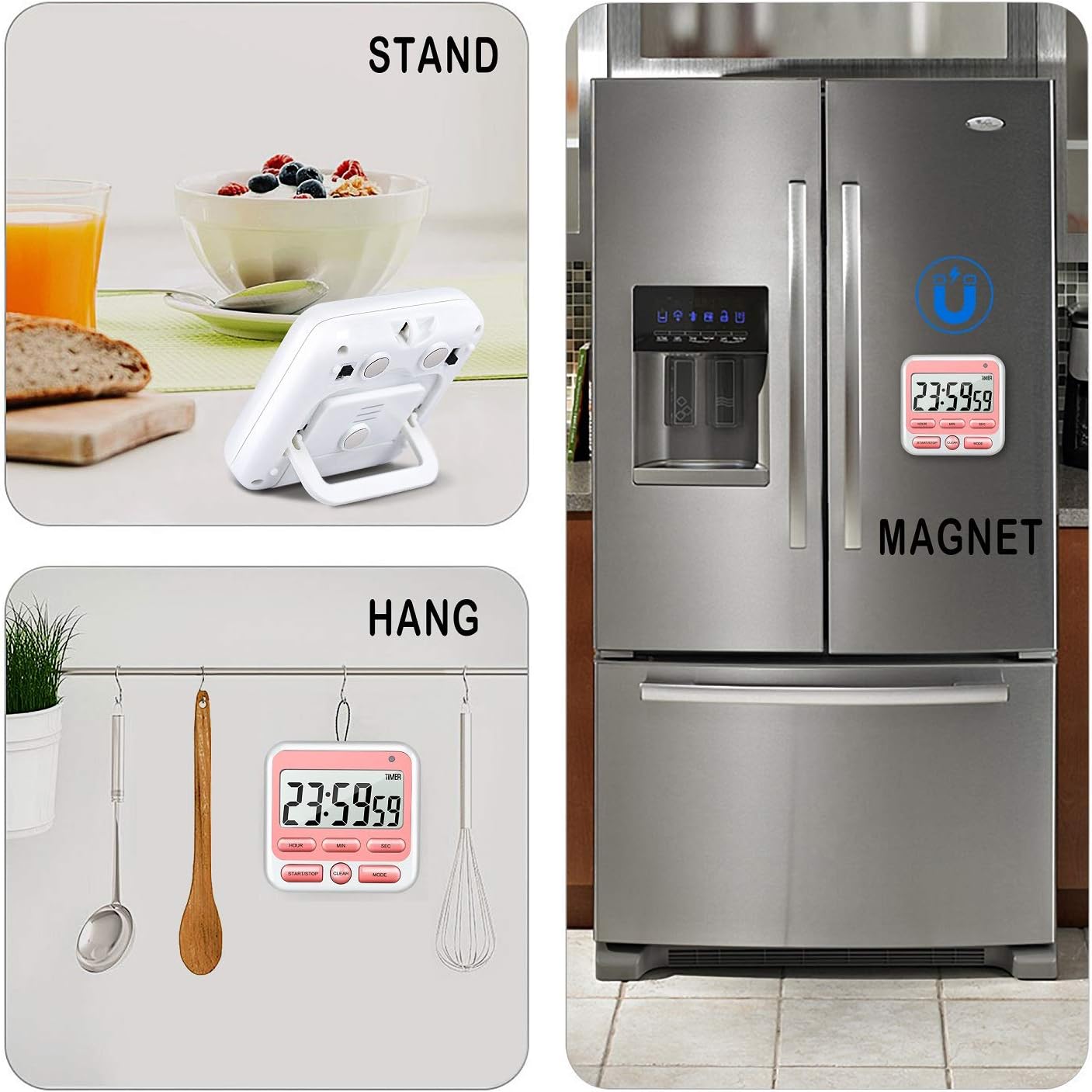 KTKUDY Digital Kitchen Timer with Mute/Loud Alarm Switch ON/Off Switch, 24 Hour Clock & Alarm, Memory Function Count Up & Count Down for Kids Teachers Cooking, Large LCD Display, Strong Magnet (Pink)