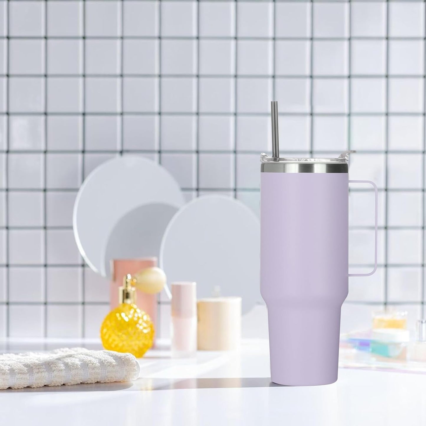 HASLE OUTFITTERS 40 oz Stainless Steel Tumbler with Handle, Vacuum Insulated Tumblers Bulk, Reusable Double Wall Travel Coffee Mug, Durable Powder Coated Water Bottle(Purple, 4)