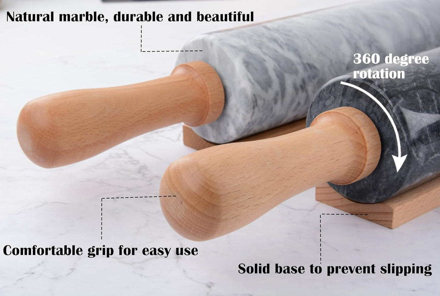 Marble Rolling Pin Set with Silicone Pastry Mat,Pastry Brush,Cooking Tongs,Stainless Steel Scraper18.5 inch Polished Non-Stick Roller for Pizza Dough,Fondant,Pie Crust(Gray White)