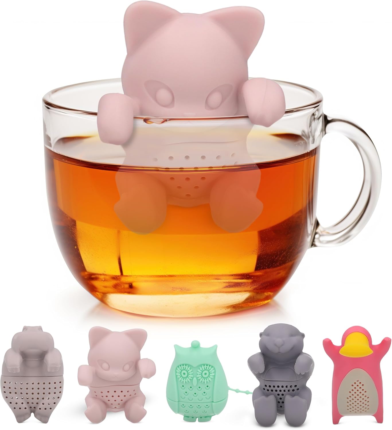 Tea Infuser for Loose Leaf Tea - Par-Tea Pack Silicone Strainer Animals, A Fun and Ideal Gift for Tea Lovers, Friends, and Family, 5-Pack Loose Leaf Steeper Set in Soft Multi-Color Designs