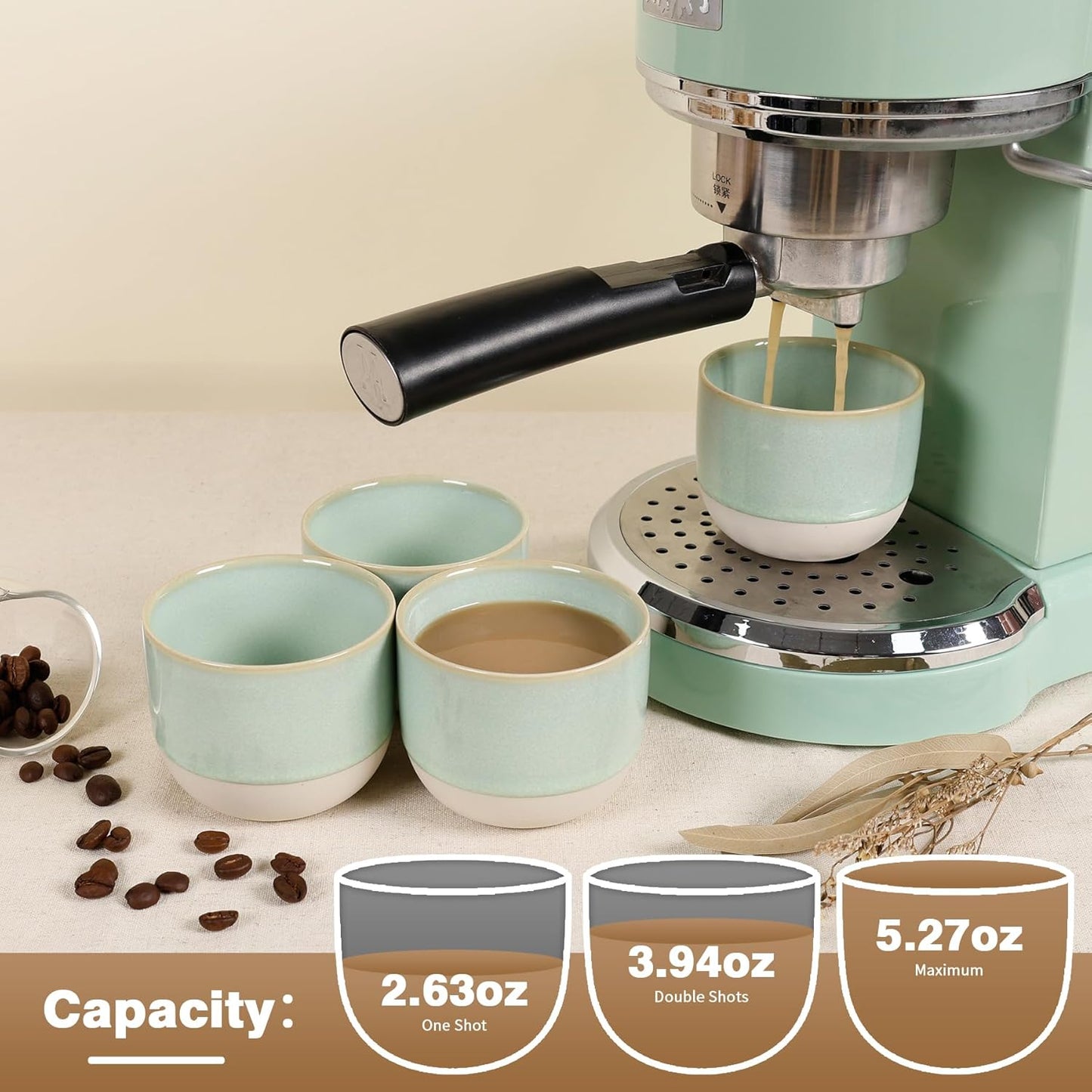 Ceramic Espresso Cups Set of 4, Double Walled Espresso Coffee Mugs for Nespresso Cups, Special glazed Demitasse Cups Coffee Cup for Machine (Green)