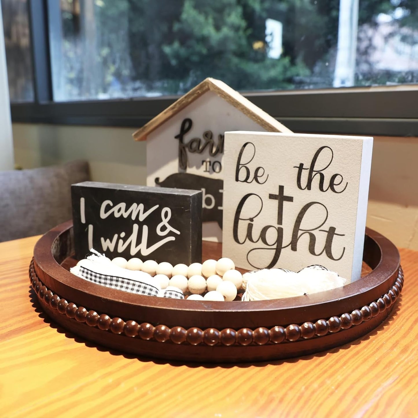 Wood Decorative Serving Tray with Bead, Round Vintage Wooden Ottoman Tray for Home Centerpiece, Counter Organizer, 13” Circle Tray for Kitchen, Living Room (Dark Brown)