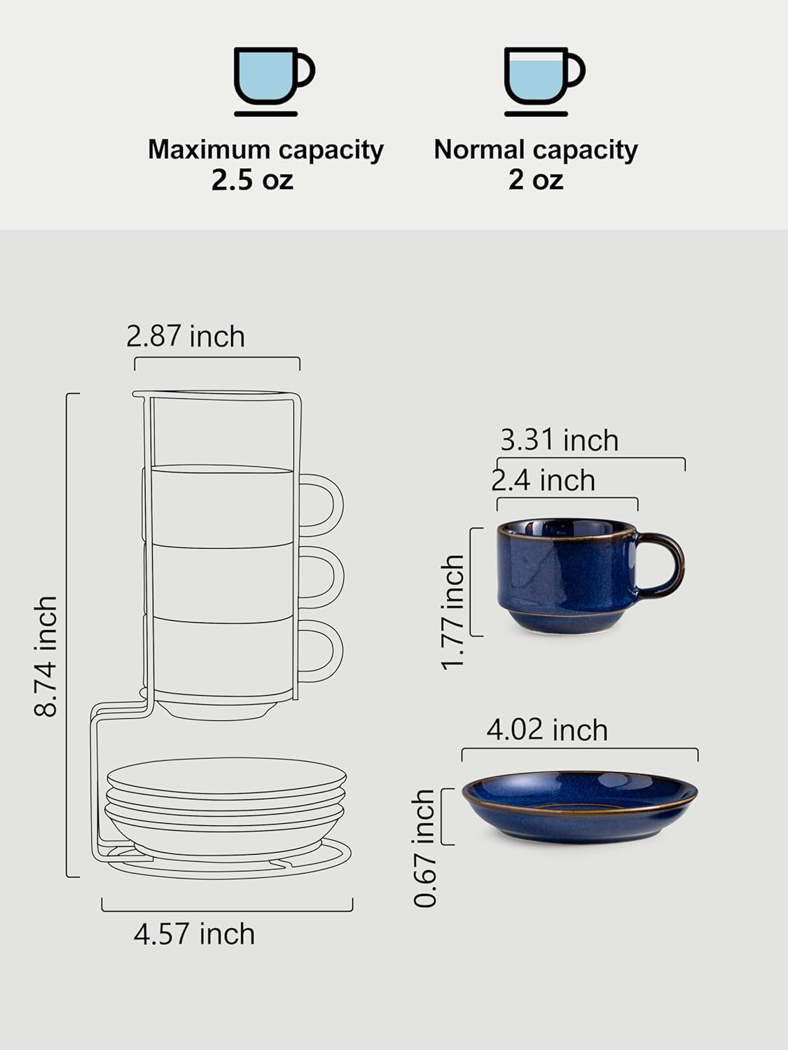 Gomakren 2.5 Ounce Espresso Cups Set of 4, Small Stackable Coffee Cups with Saucers and Metal Stand, Porcelain Demitasse Cups for Specialty Coffee Drinks, Espresso, Cappuccino, Latte, Tea, Cobalt Blue