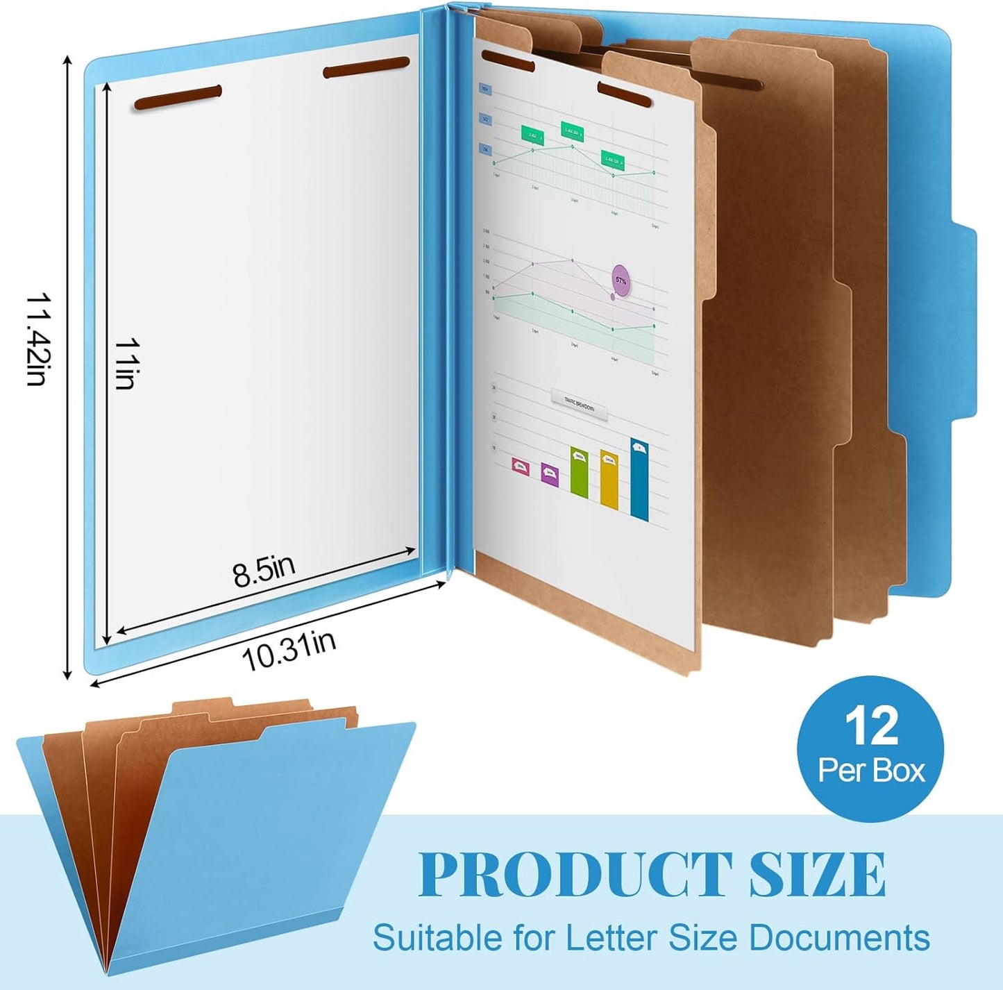 12 Pcs Classification Folders Letter Size, Back to School Supply for Teacher, Student, 3 Dividers Pressboard File Folder Bulk with 2 Fasteners, 3.5 Inch Expanding File Organizer (Blue)