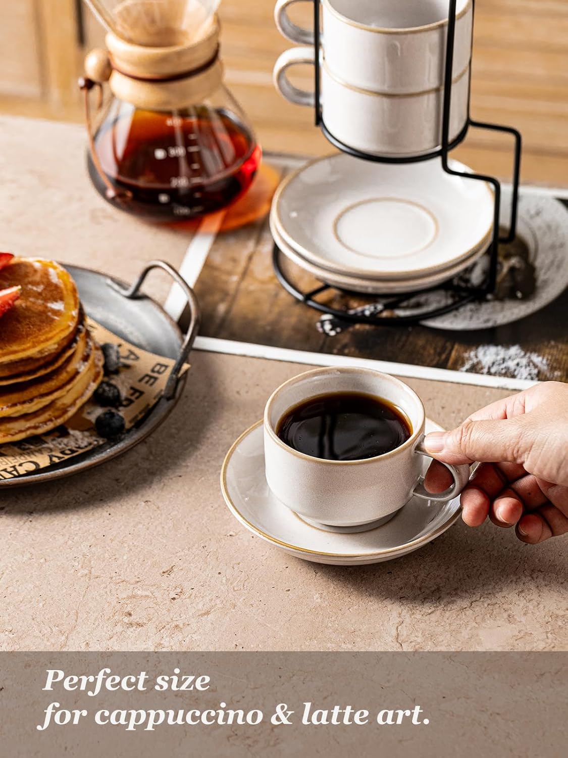 Gomakren 6 Ounce Cappuccino Cups with Saucers and Metal Stand, Stackable Coffee Cup Set of 4, Porcelain Espresso Cups for Coffee Drinks, Cappuccino, Latte, Americano, Tea, White