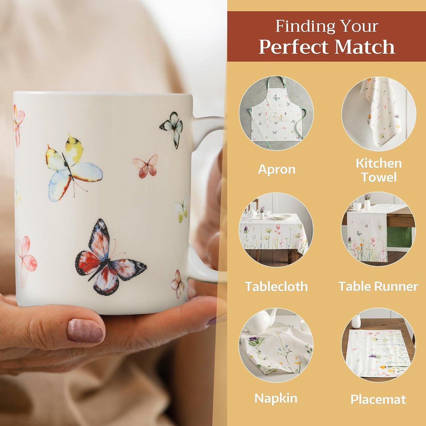 Maison d' Hermine Coffee Mug with Handles Fine Bone China Mugs Pack of One Tea Cups for Hot Beverages Cappuccino Latte Home Restaurant Office Perfect for Gift (Botanical Fresh - Butterflies, 15 Ounce)