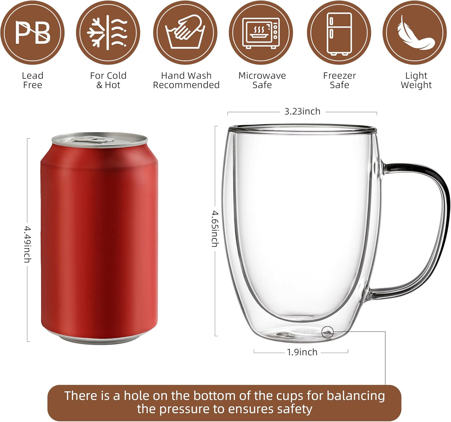 CNGLASS 6 Pack Double Walled Glass Coffee Mugs,12oz Clear Coffee Cups with Handle,Insulated Glass Espresso Mugs for Latte,Cappuccino,Tea