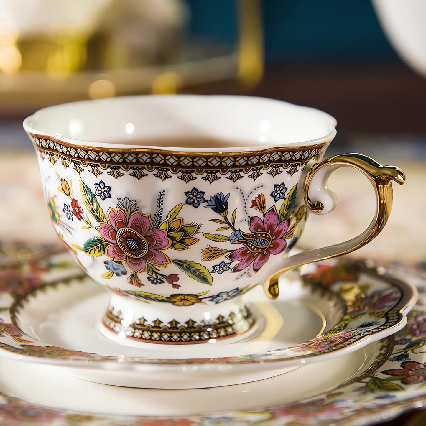 ACMLIFE Bone China Tea Cup and Saucer Set for 1, Vintage Floral Tea Cup with Saucer, Spoon and Gift Box, 6.8 oz (Pink-A)