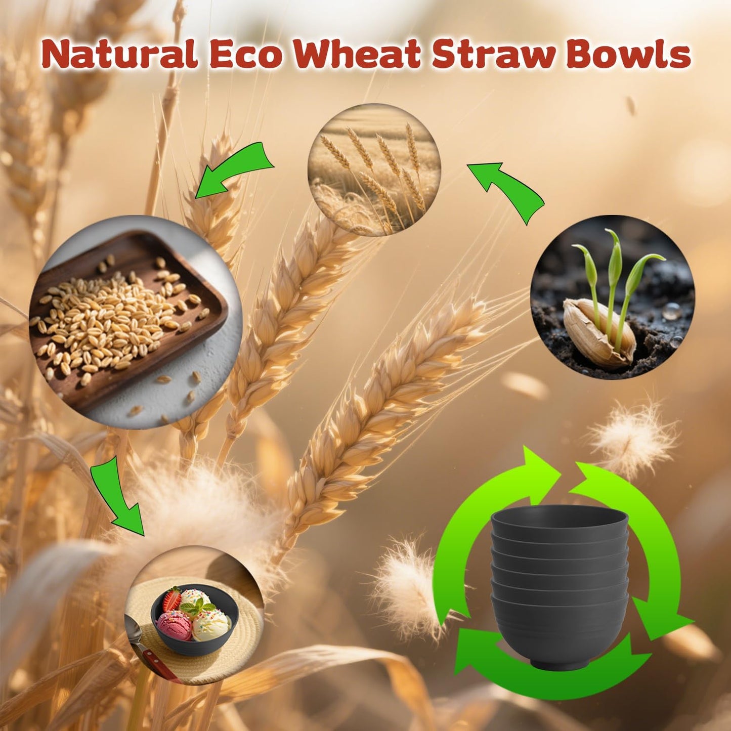 Handy Wheat Straw Bowls Set of 6,Unbreakable Ice-Cream Bowls Sets for Kids,10oz Small Dessert Bowls for Kitchen,Camping and RV.Black Series