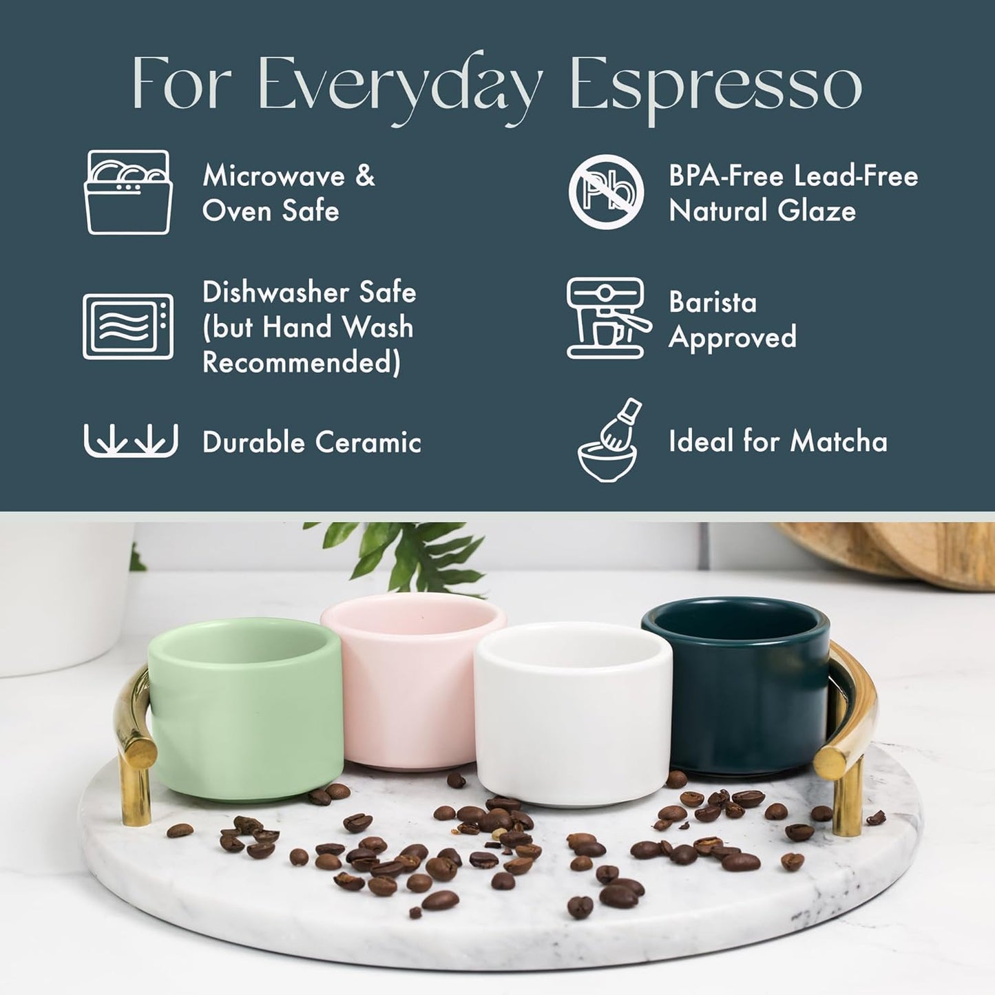 Folk Ceramics Leonard Ceramic Espresso Cups | Modern Stackable Demitasse Mugs for Espresso | Double Walled, Handleless, Durable, Dishwasher & Microwave Safe | 3oz, Set of 2 | Misty Green