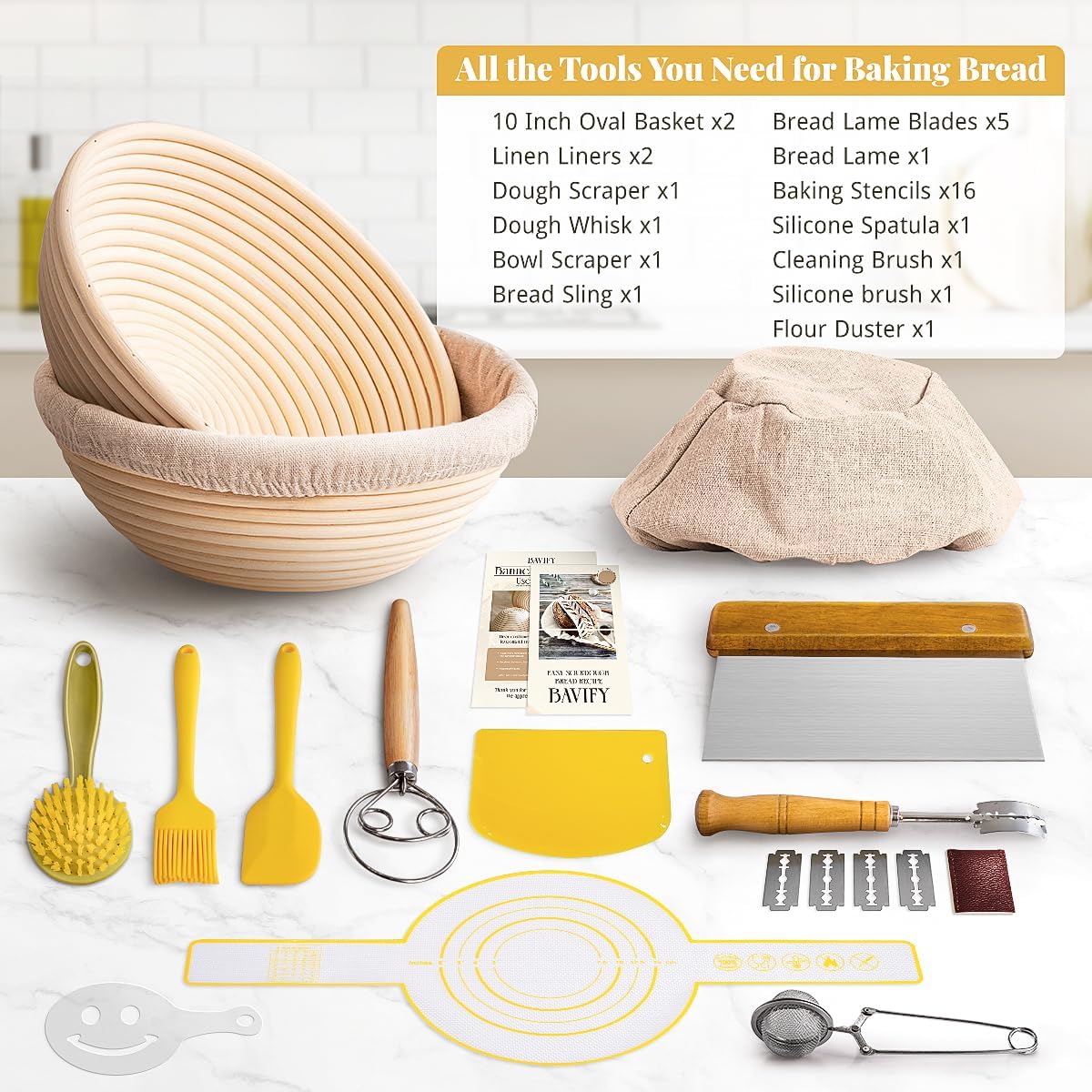 9 Inch Round Banneton Bread Proofing Basket Sourdough Starter Kit, Sourdough Bread Baking Supplies with Bread Lame, Sling, Spatula, Scraper, Dough Whisk