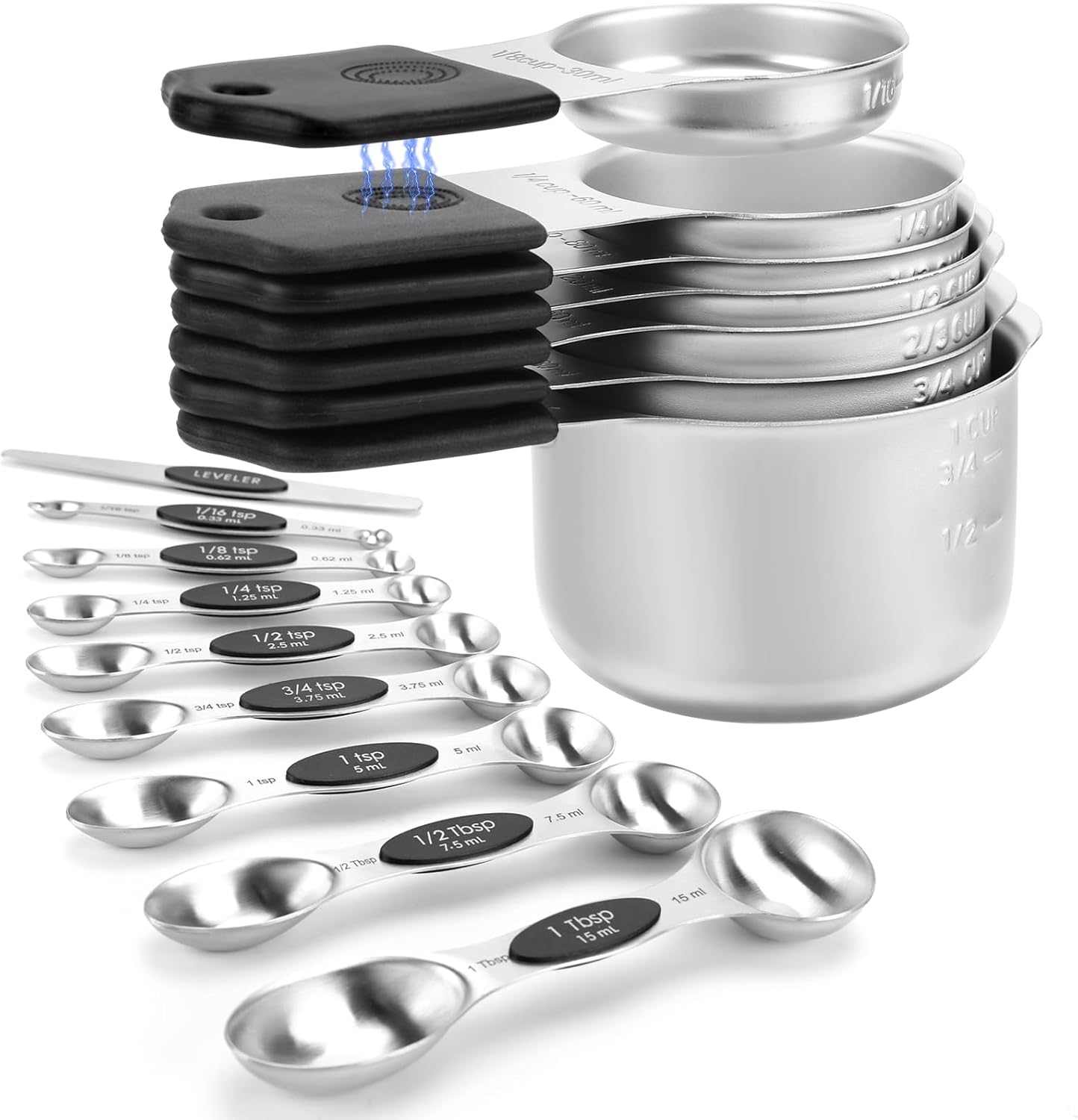 Magnetic Measuring Cups and Spoons Set-Heavy Duty 304 Stainless Steel,Double Measurement Markings,Set of 16 with Leveler for Measure Dry and Liquid Ingredients (Black)