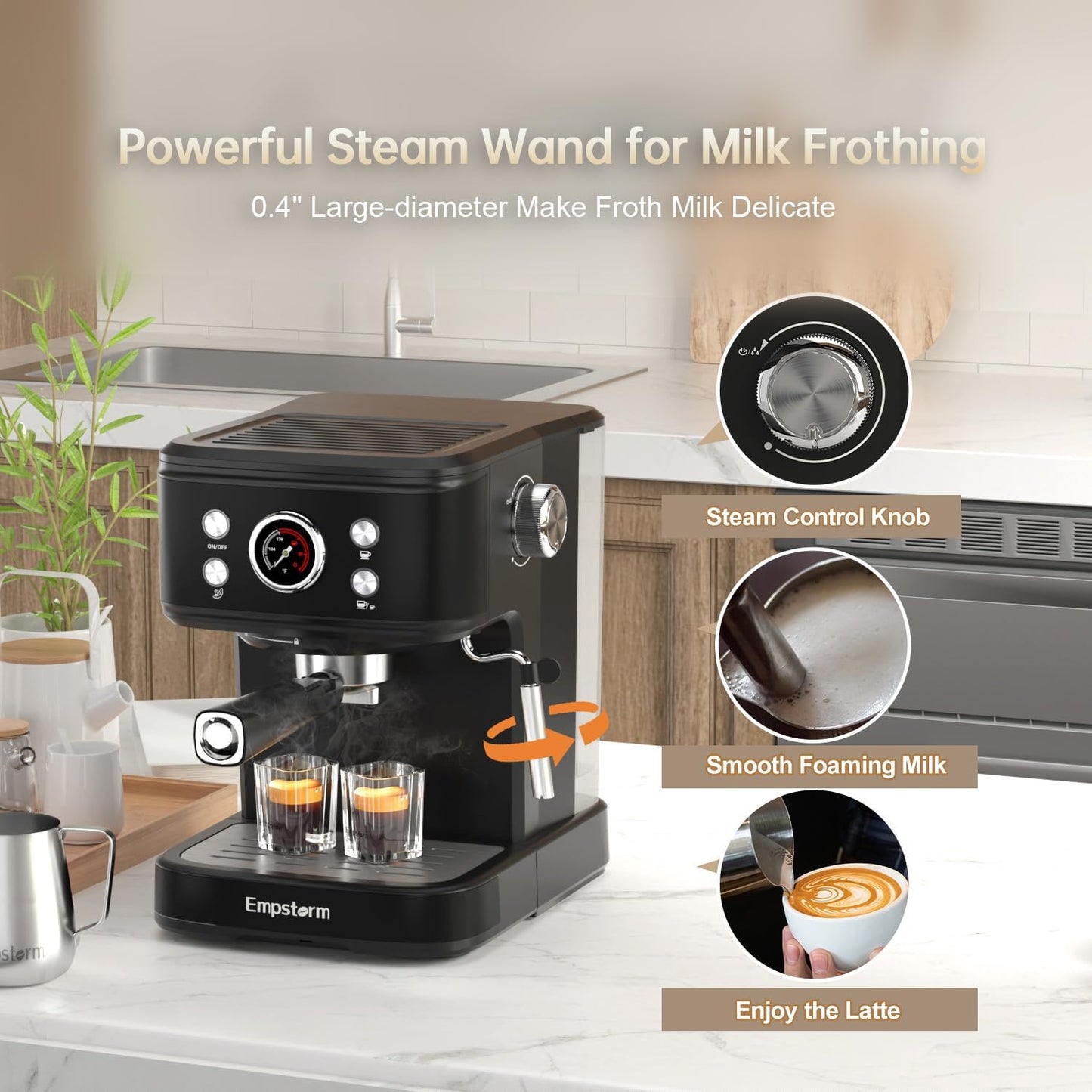 Black Espresso Machine with Milk Frother, Cappuccino Machines for Home, Coffee Espresso Machine Suitable for Coffee Powder/NS Original Capsules, Espresso Maker with Thermometer