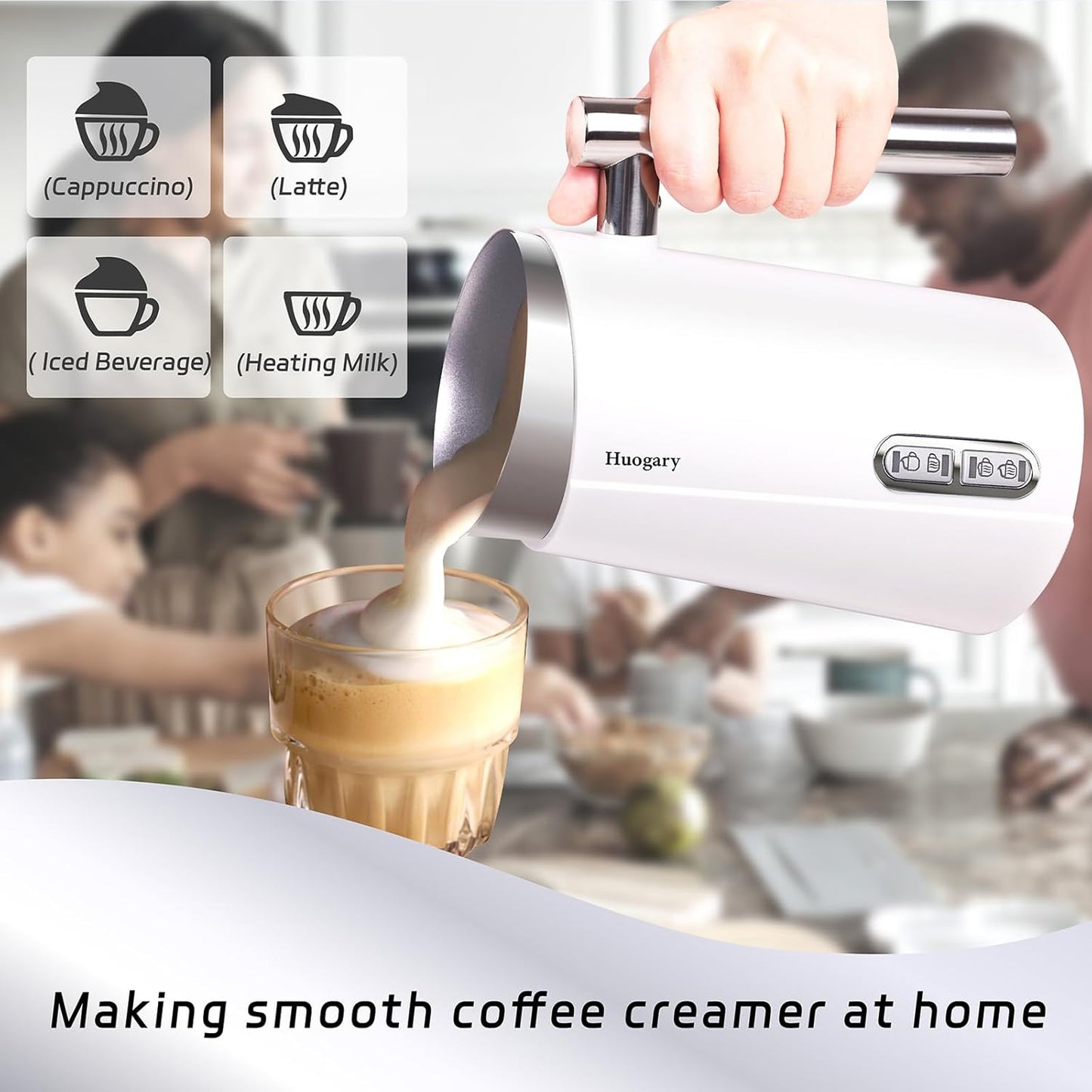 Huogary 4-in-1 Milk Frother, Updated Milk Frother and Steamer, Milk Steamer for Milk Foam & Hot Milk(4.39oz/10.5oz), Electric Milk Warmer and Frother for Coffee, Latte, Cappuccino White 120V