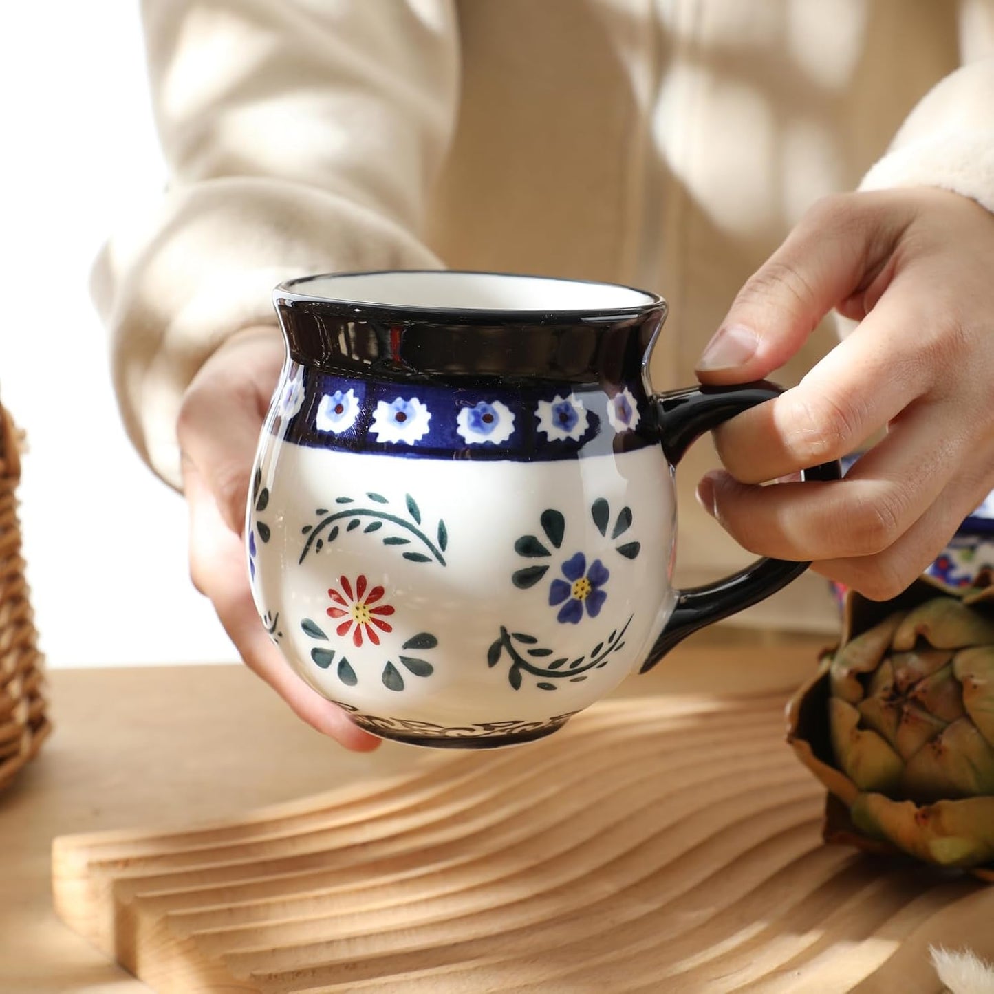 ALMA Handpainted Blue Coffee Mug,Potbelly Ceramic Coffee Mug, Premium Hand Warmer Tea Mug, Microwave & Dishwasher safe-12.85oz(380ml)